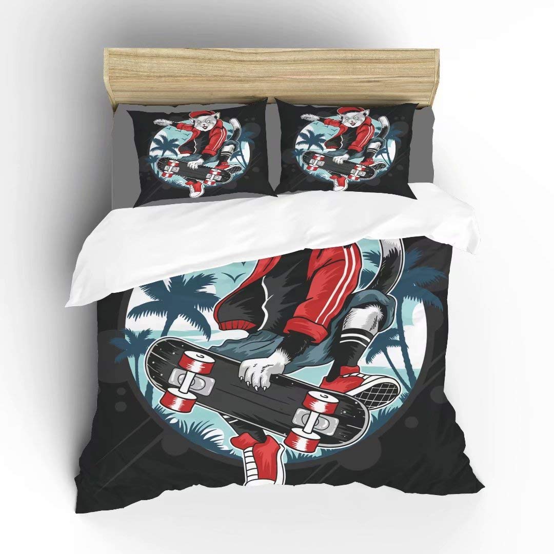 Cool Cat Skateboard Pop Punk Duvet Cover Set - Ultra Soft Microfiber Bedding 3 Piece (King Size) with 1 Duvet Cover & 2 Pillowcases - Punk Rock Bedroom Decor for Teens & Young Adults