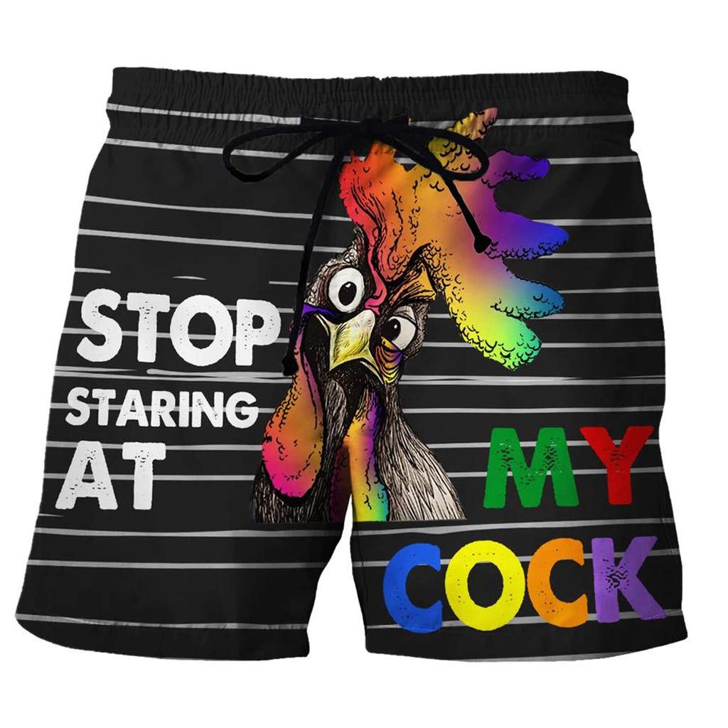 Funny Cock Beer Print Men's Swim Shorts - Quick Dry Beach Casual Drawstring Pants for Pool Party, Summer Festival & Vacation