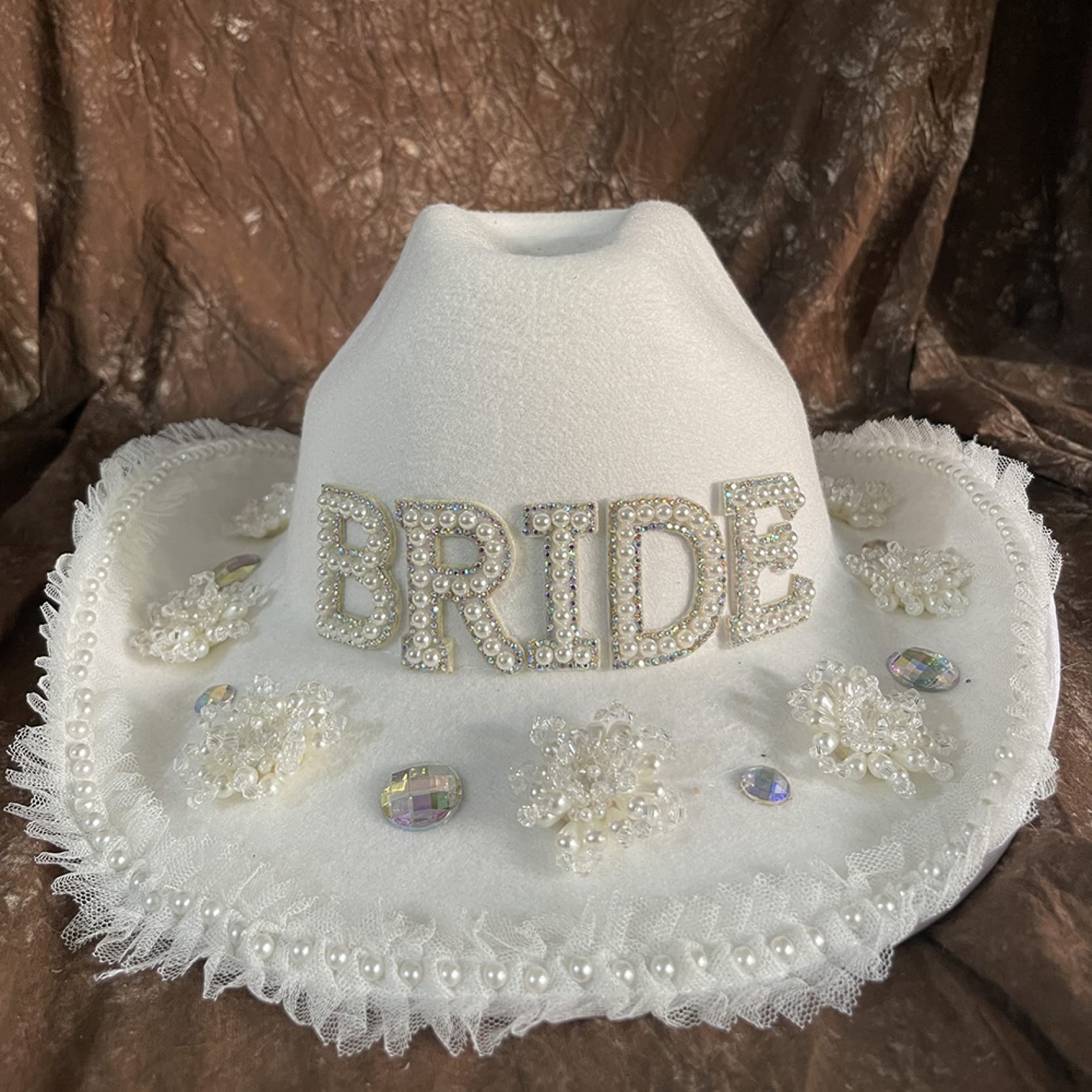 EBRICON White Cowboy Hat for Women - Rhinestone & Pearl Embellished Wool Western Cowgirl Hat with Wide Brim | Perfect for Weddings, Rodeos & Country Music Festivals