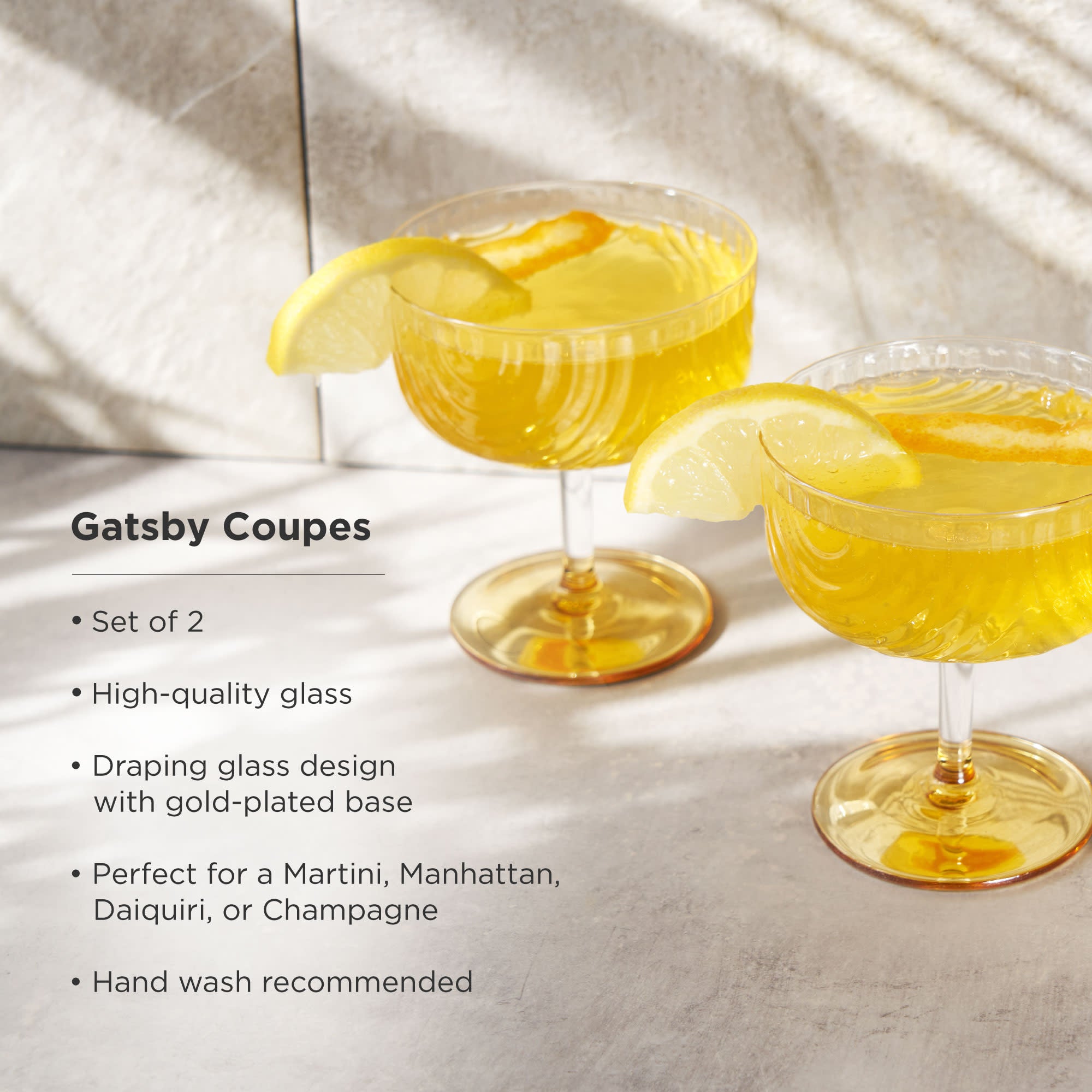 Premium Gatsby Coupe Glasses Set of 2 - Vintage Champagne Flutes for Cocktails, Wine & Sparkling Drinks - Elegant Glassware for Weddings, Parties & Romantic Dinners
