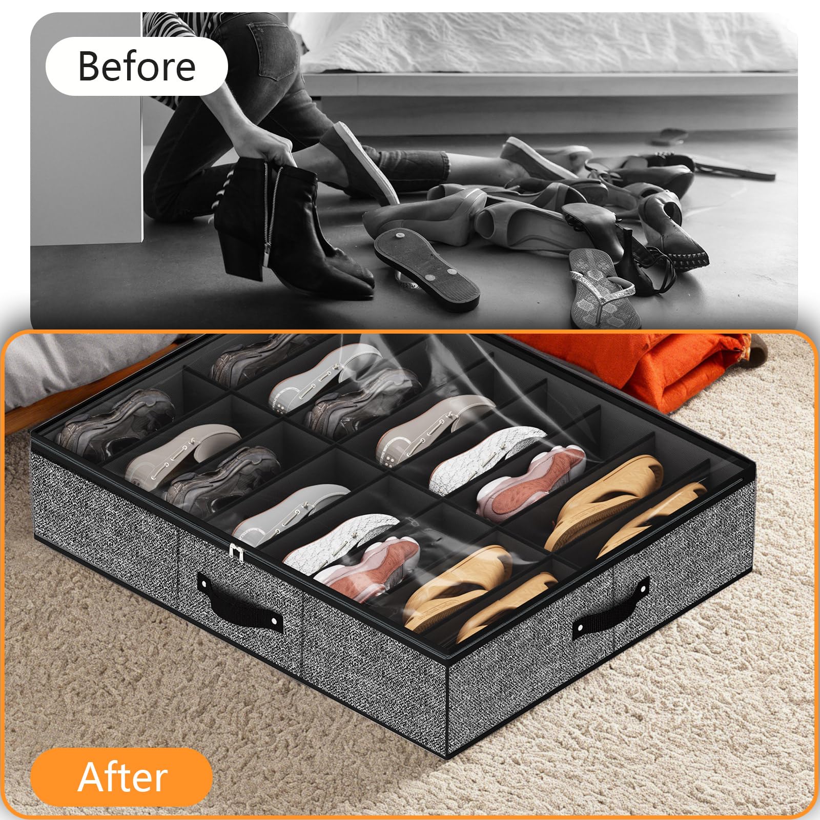 32 Pairs Under Bed Shoe Organizer - Extra Large Shoe Storage Boxes & Bins for Closet, Bedroom - Black Set of 2 - Perfect for Sneakers, Boots & Sandals Organization
