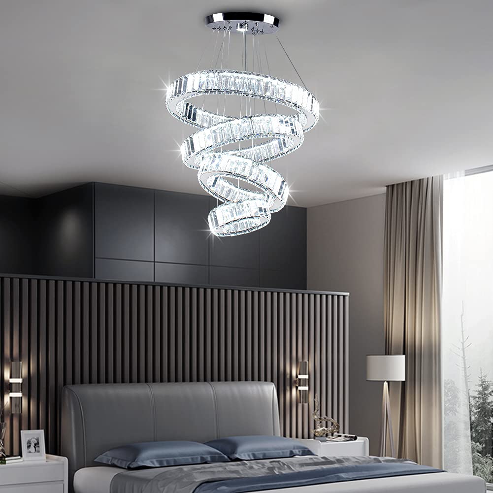 Elegant Modern LED Crystal Chandelier Pendant Light - 4 Ring Design for Dining Room, Bedroom & Living Room - Adjustable Sizes (7.9