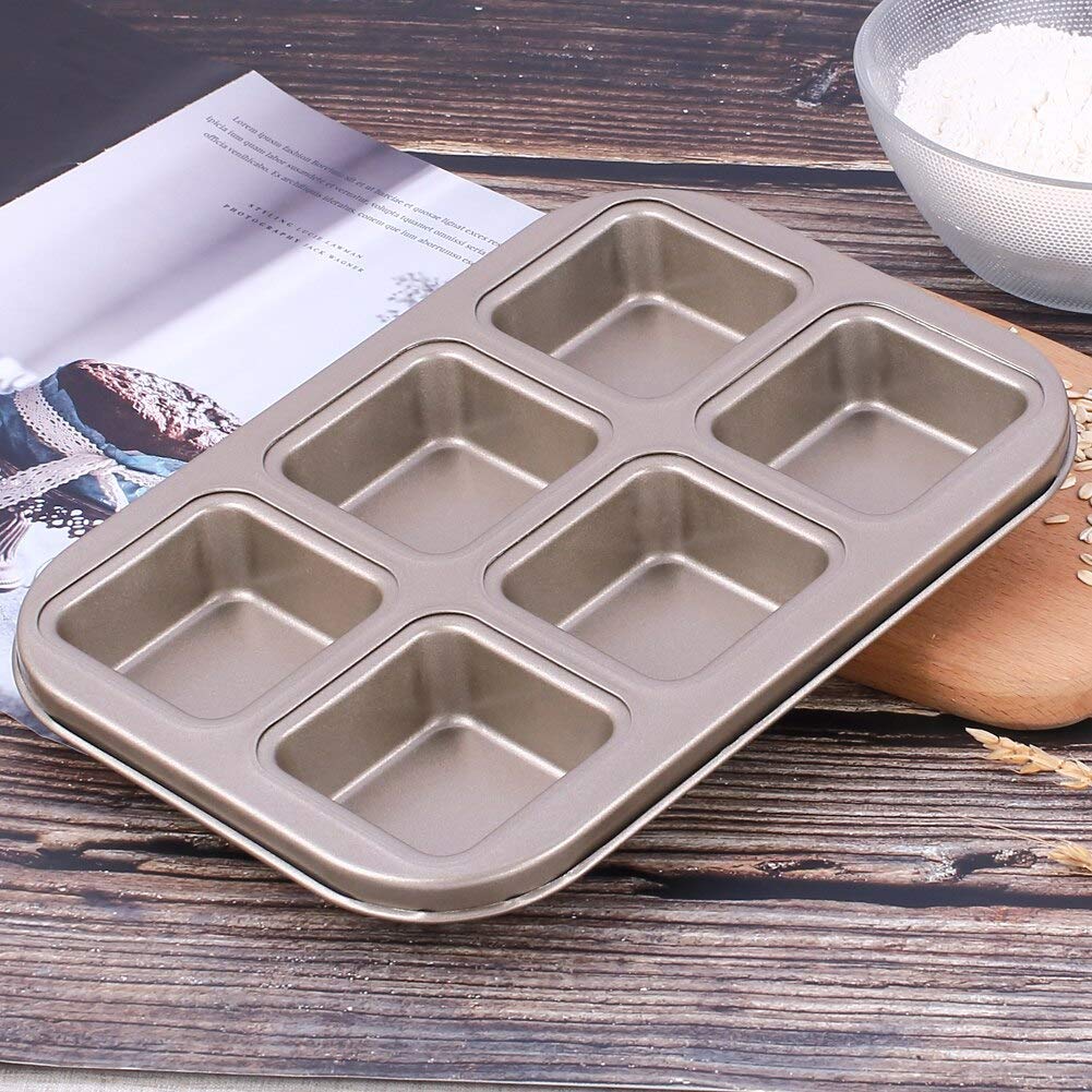 Zollyss Non-Stick Square Baking Pan - 6-Cavity Carbon Steel Mold for Bread, Cake, Fondant, Cookies & Tarts - Durable Bakeware Tool (Black, Pack of 1) - Perfect for Home Baking, Party Desserts & Holiday Treats