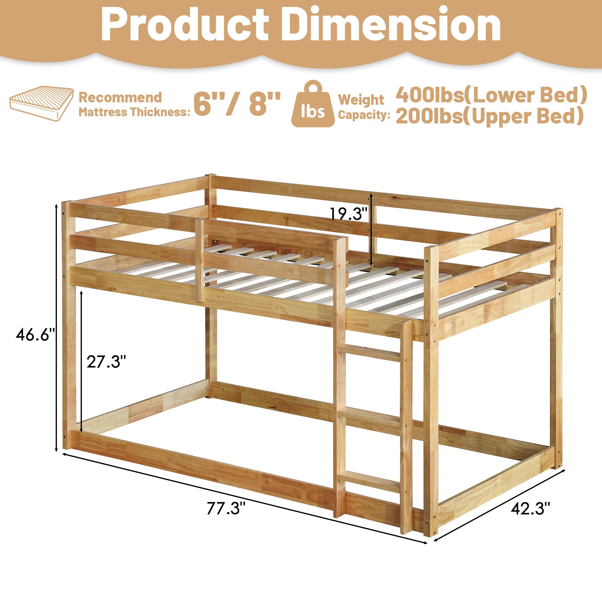 Twin Over Twin Wooden Bunk Bed - Low Profile Floor Bunk Bed with Safety Ladder & Guardrails for Kids | No Box Spring Needed | Perfect for Small Bedrooms, Kids' Rooms & Space-Saving Solutions