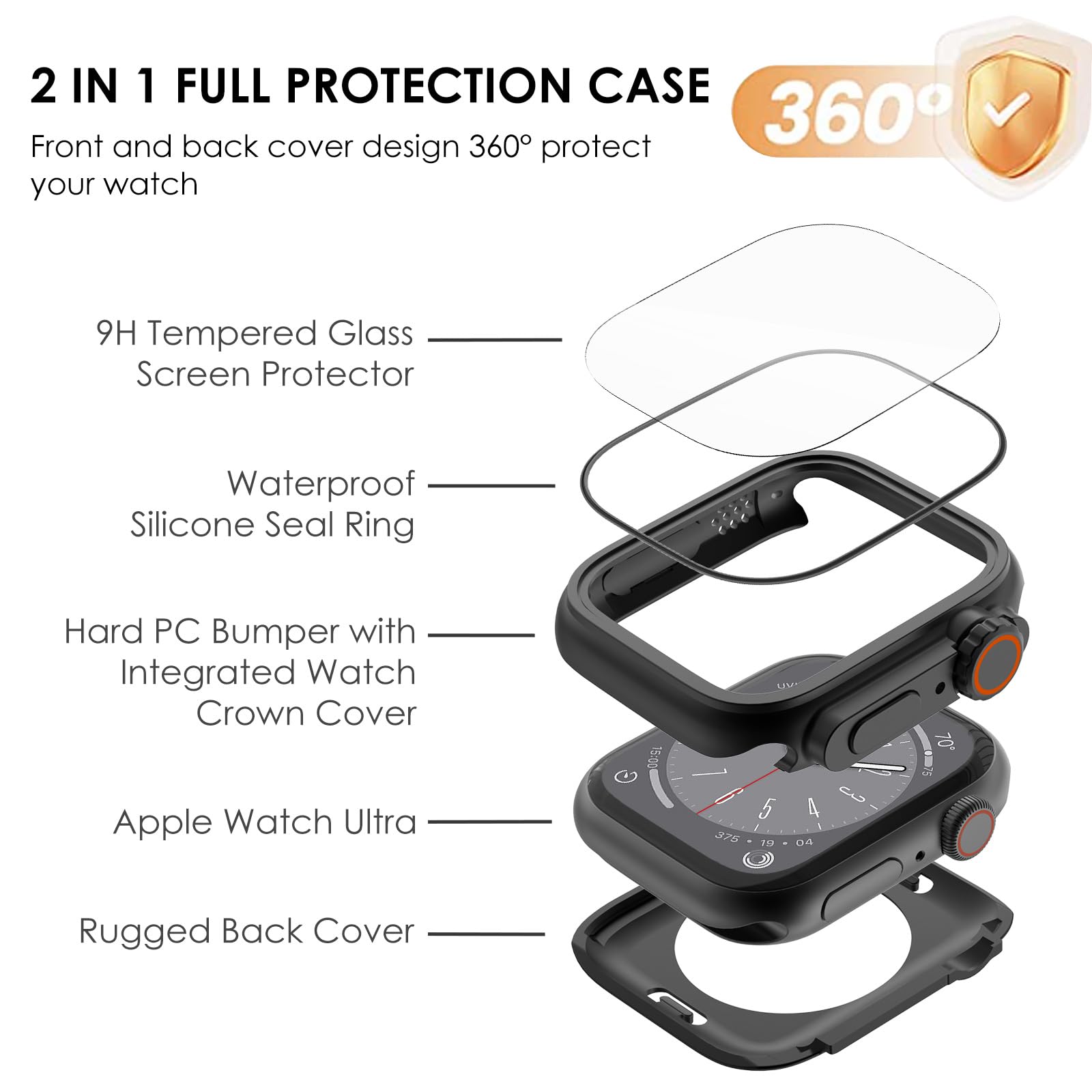 2 in 1 Waterproof Case for Apple Watch 44mm Series 6/5/4/SE with Tempered Glass Screen Protector - Black+Black (2 Pack) - Ultra Style Design - Perfect for Swimming, Running & Outdoor Activities