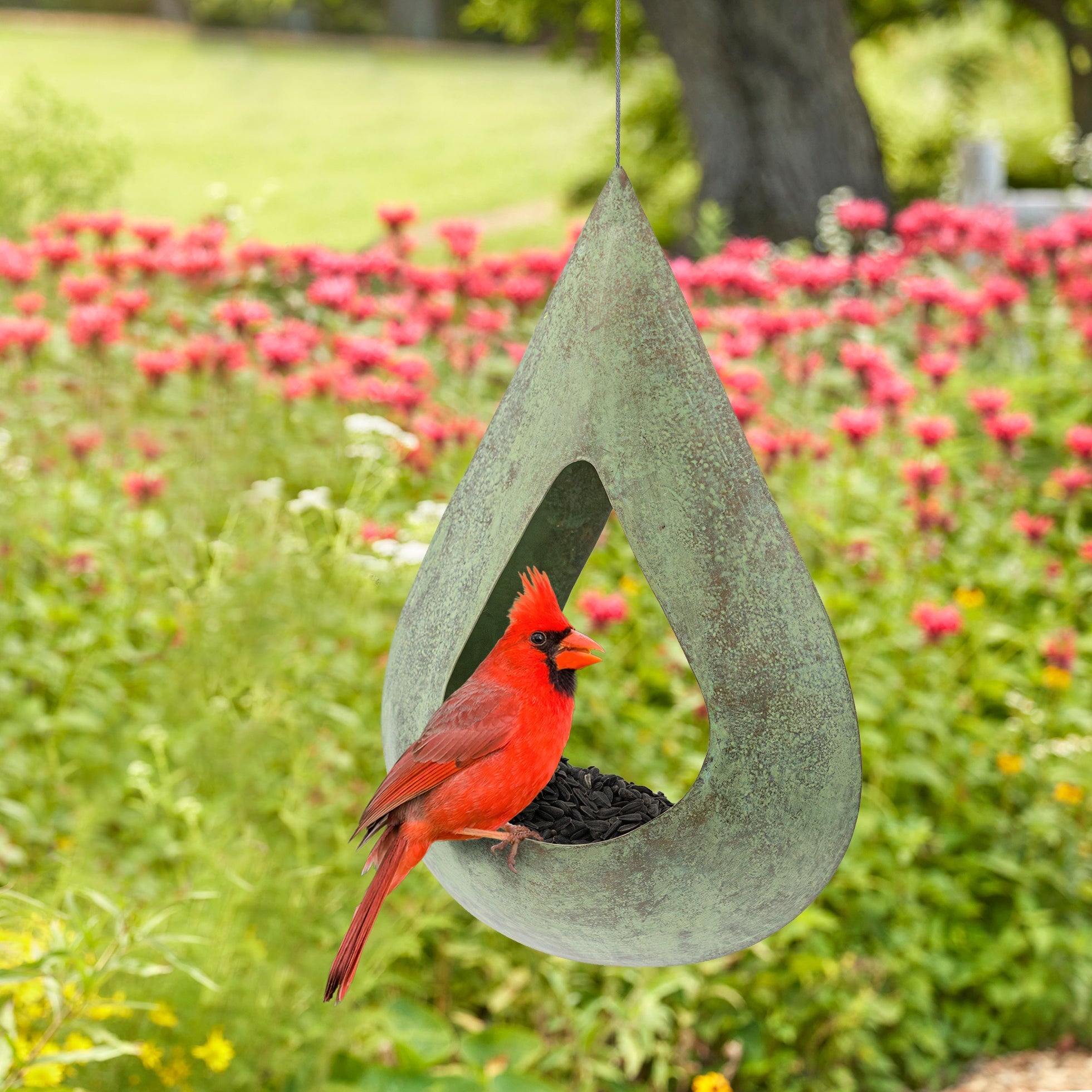 Verde Copper Rain Drop Fly-Thru Bird Feeder - Durable Outdoor Garden Decor for Attracting Wild Birds - Perfect for Backyards, Patios & Nature Lovers