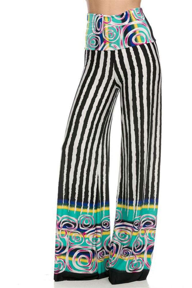 Women's High Waisted Wide Leg Palazzo Pants - Plus Size & Regular Sizes - Comfortable Feather Print Trousers for Casual Wear, Office & Travel