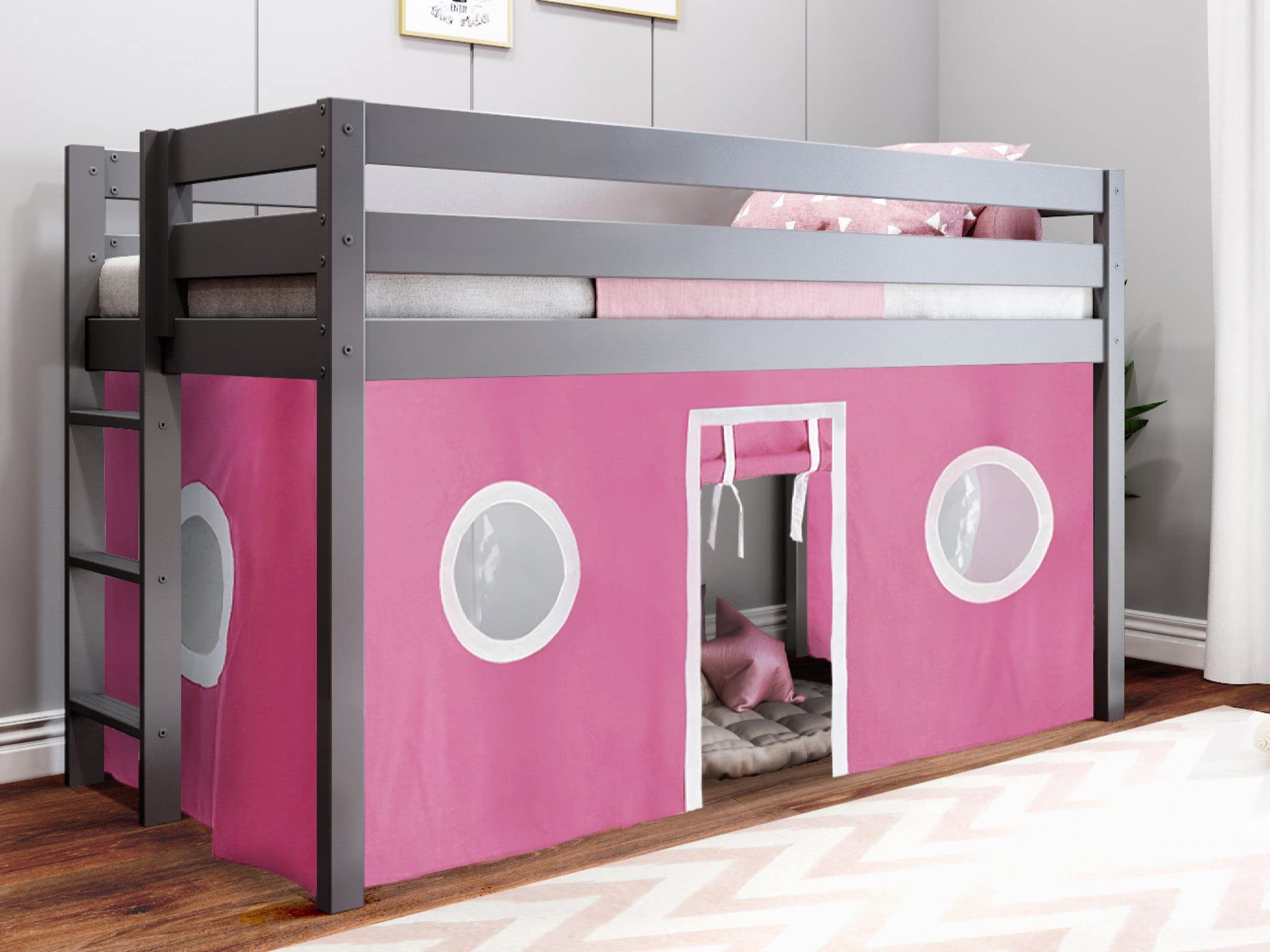 Modern Low Loft Twin Bed with End Ladder - Gray & Pink White Tent for Kids & Teens - Perfect for Small Bedrooms, Sleepovers & Playrooms