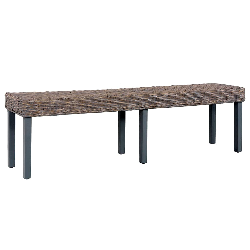 Rustic Kubu Rattan Entryway Bench with Solid Wood Frame - 63 Inch Gray Armless Bench for Living Room, Hallway & Dining - Perfect for Home Decor, Entry Seating & Extra Dining Chairs