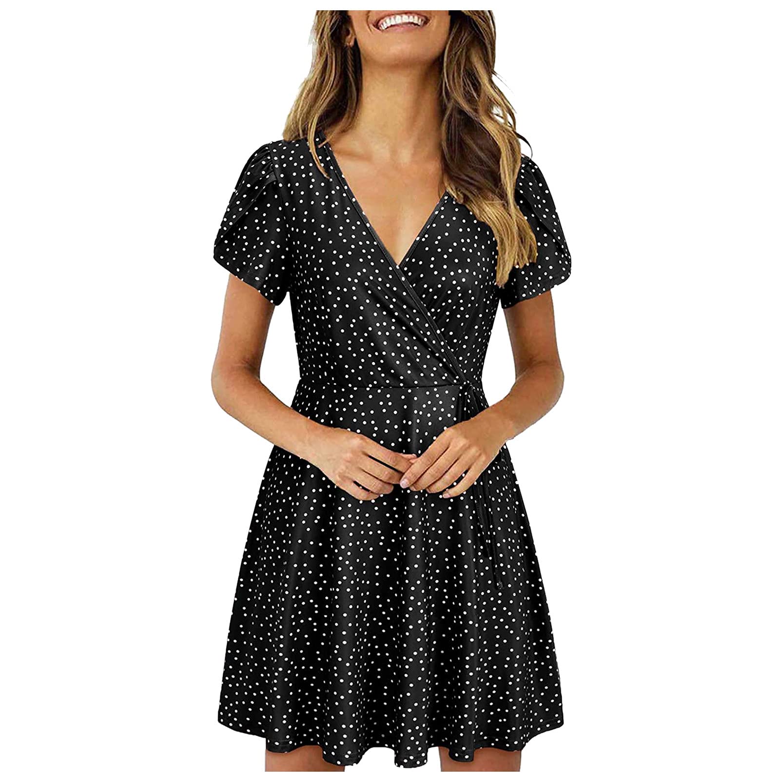 Floral Print Women's Casual Mini Dress - Short Sleeve Summer Dress with V-Neck for Daily Wear, Date Night & Beach Outings | Black