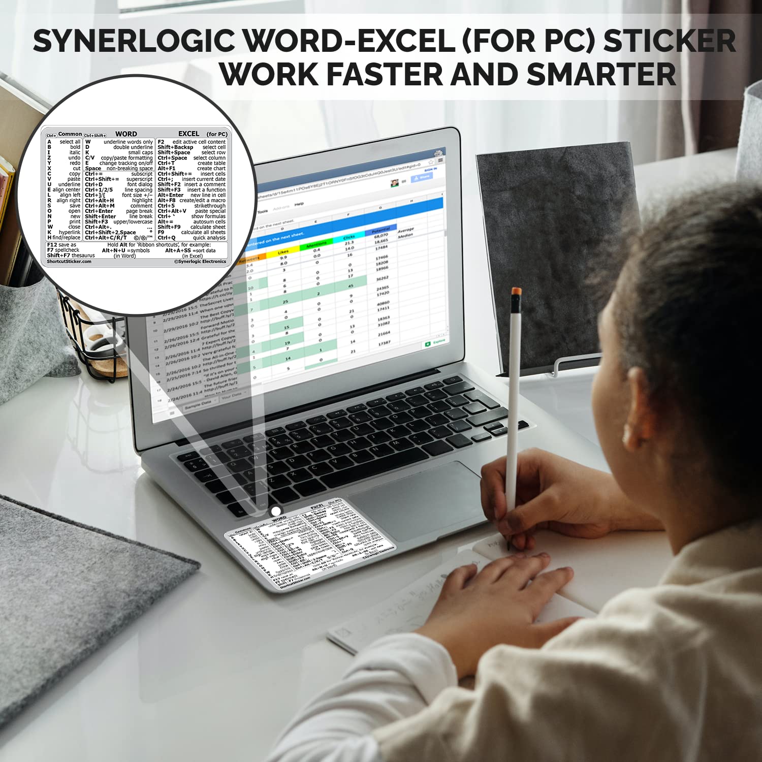 SYNERLOGIC Microsoft Word/Excel Windows 键盘快捷键贴纸 - 无残留乙烯基材质，白色小号，适合办公学习高效操作
