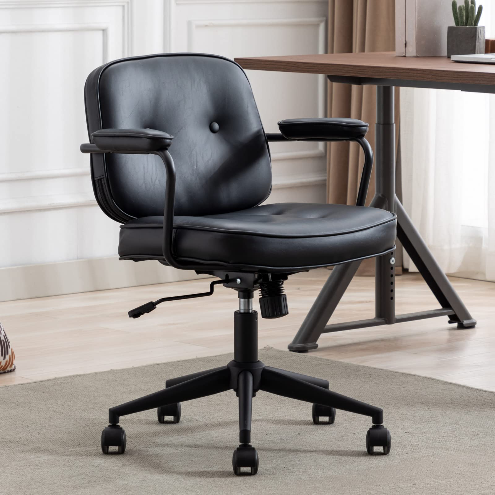 LukeAlon Adjustable PU Leather Office Chair - 360° Swivel Ergonomic Desk Chair with Armrests, Thickened Seat & Tilt Function for Home Office, Study or Gaming - Modern Button Tufted Computer Chair in Black