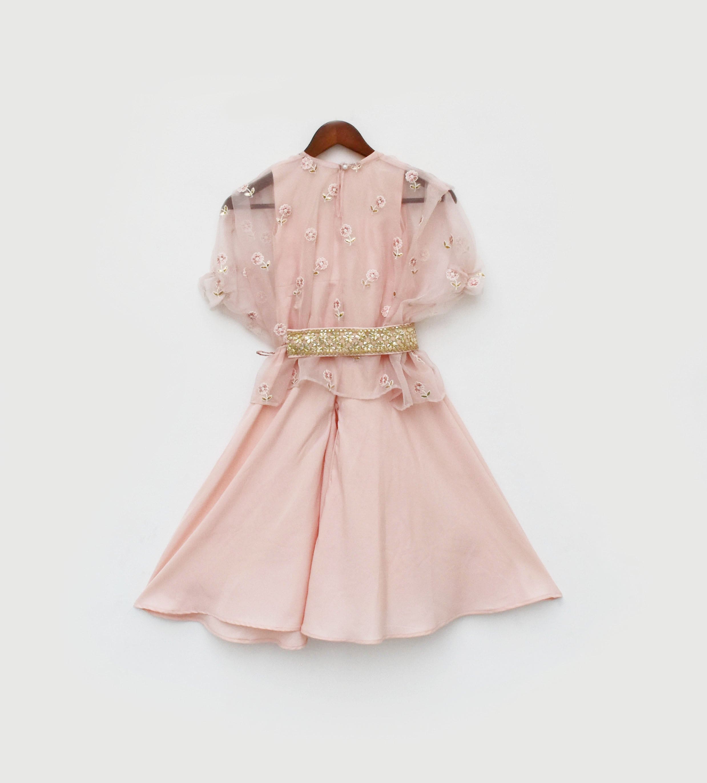 Pre-Order: Elegant Peach Crepe Jumpsuit with Sheer Organza Cape - Perfect for Weddings, Parties & Special Occasions
