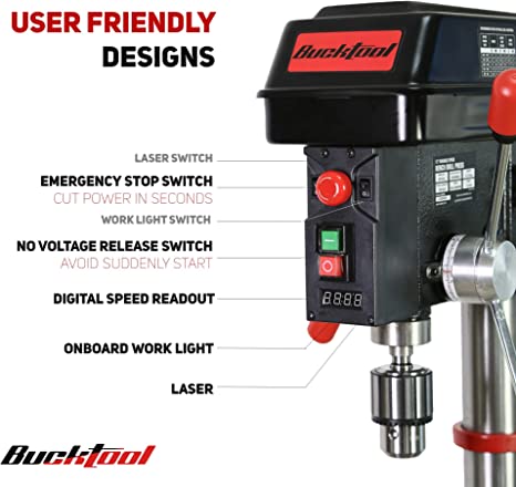 BUCKTOOL 12 Inch 6.2 Amp Professional Bench Drill Press with IIIA Laser & LED Work Light - Perfect for Woodworking, Metal Drilling & DIY Home Projects