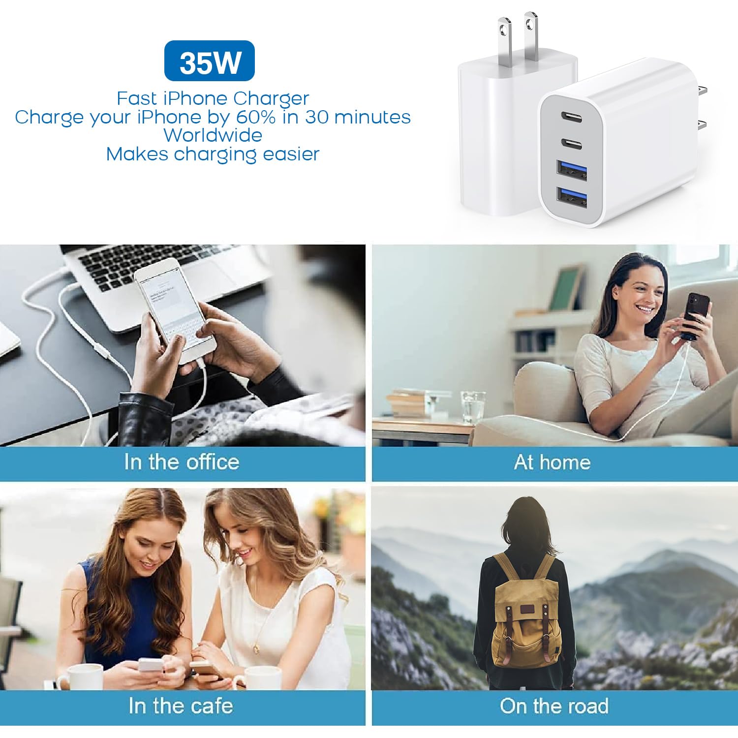 35W Apple iPhone 16 Pro Fast Charger, 3-Pack 4-Port USB C PD Quick Charger Block with Dual Type C Adapter - Compatible with iPhone 16/15/14/13/12/11 Pro Max/XR/X/8/7 & iPad - Perfect for Home, Office & Travel Charging
