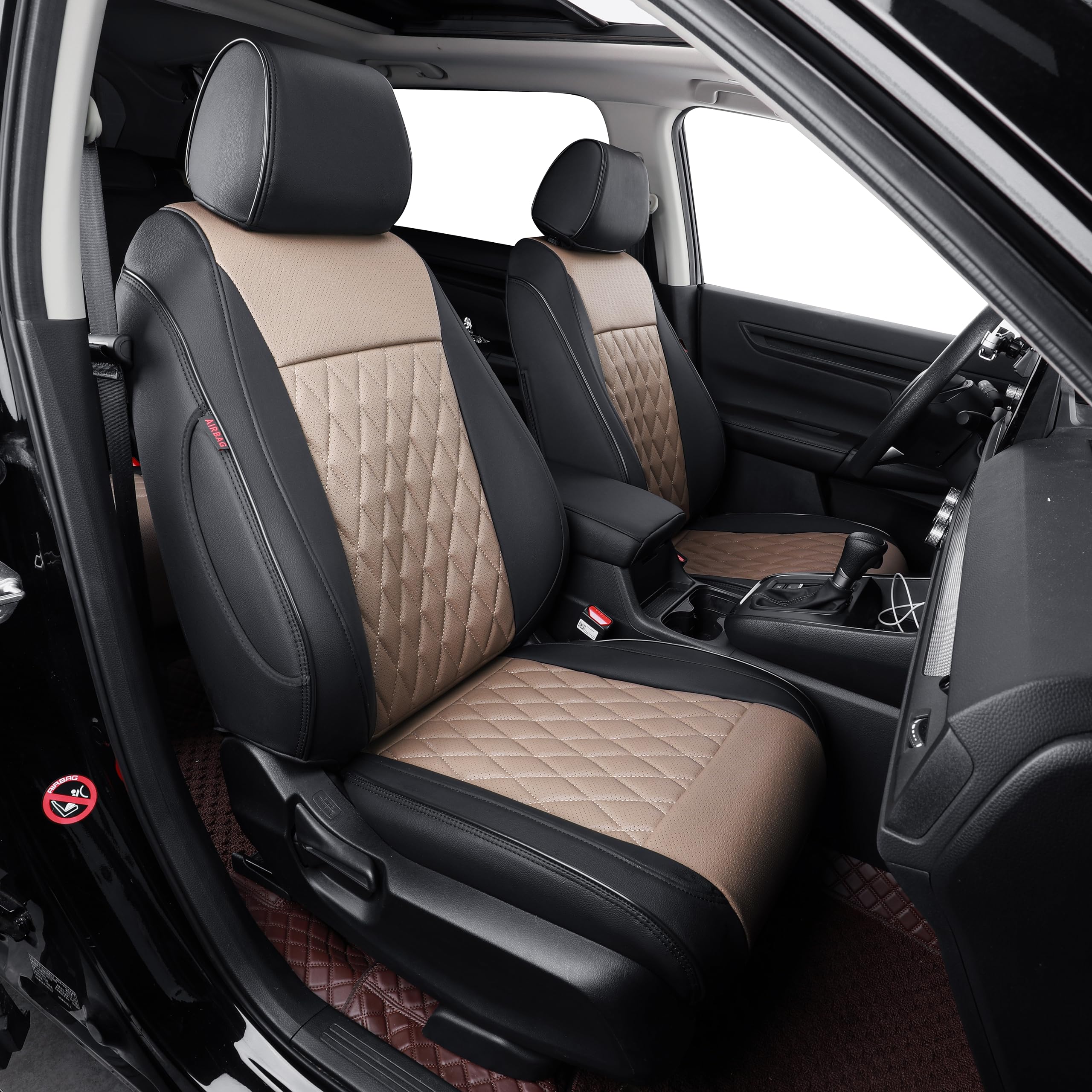 Premium Leather Car Seat Covers for Subaru Forester 2019-2024 - Custom Fit Full Set in Sand Beige/Black | Waterproof & Anti-Slip Protection | Perfect for Road Trips, Camping & Daily Commute