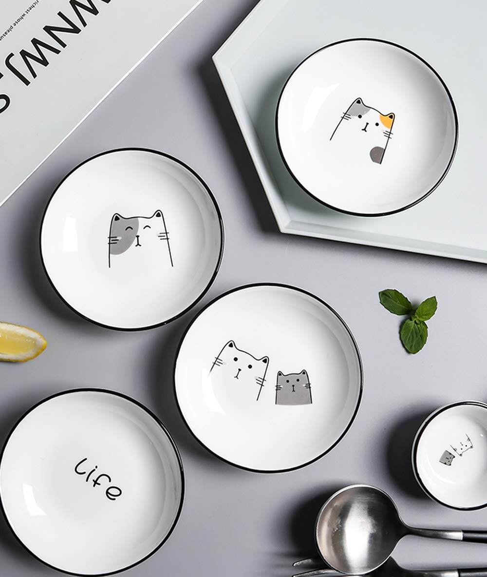 4pcs Ceramic Cartoon Cat Seasoning Dishes & Dipping Bowls - Cute Appetizer Plates for Sauces, Condiments, Snacks - Perfect for Parties, Kitchen, Dining Table Decor