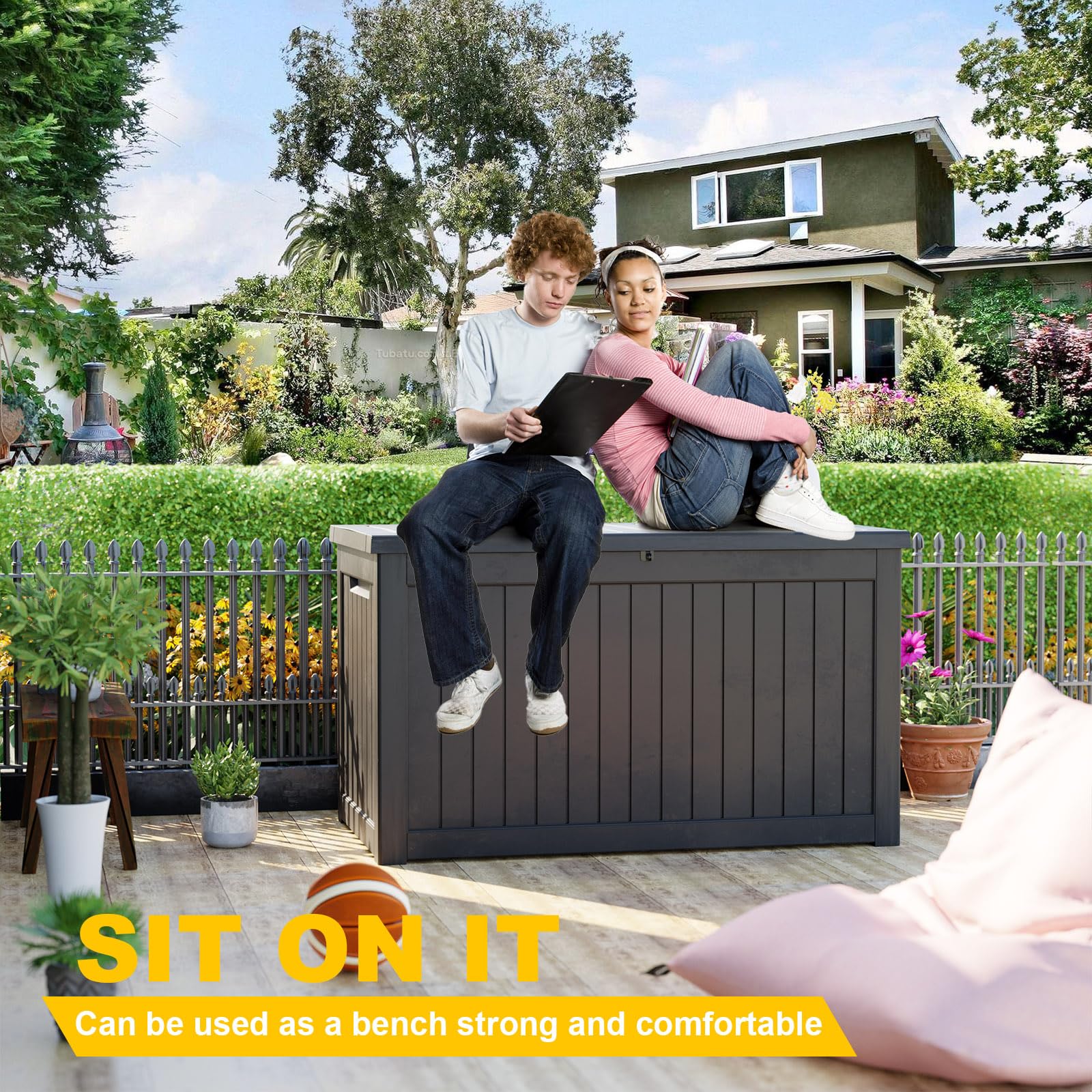 230 Gallon Large Waterproof Deck Box - Outdoor Storage Container for Patio Furniture, Pool Accessories & More - UV Resistant, Lockable & Weatherproof Resin - Perfect for Backyard, Garden & Poolside Storage (Black)