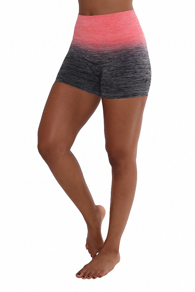 SASSY APPAREL Women's Ombre Two-Tone High Waisted Yoga Shorts - Medium, Black/Neon Coral - Workout, Gym, Running & Lounge Wear for Active Women