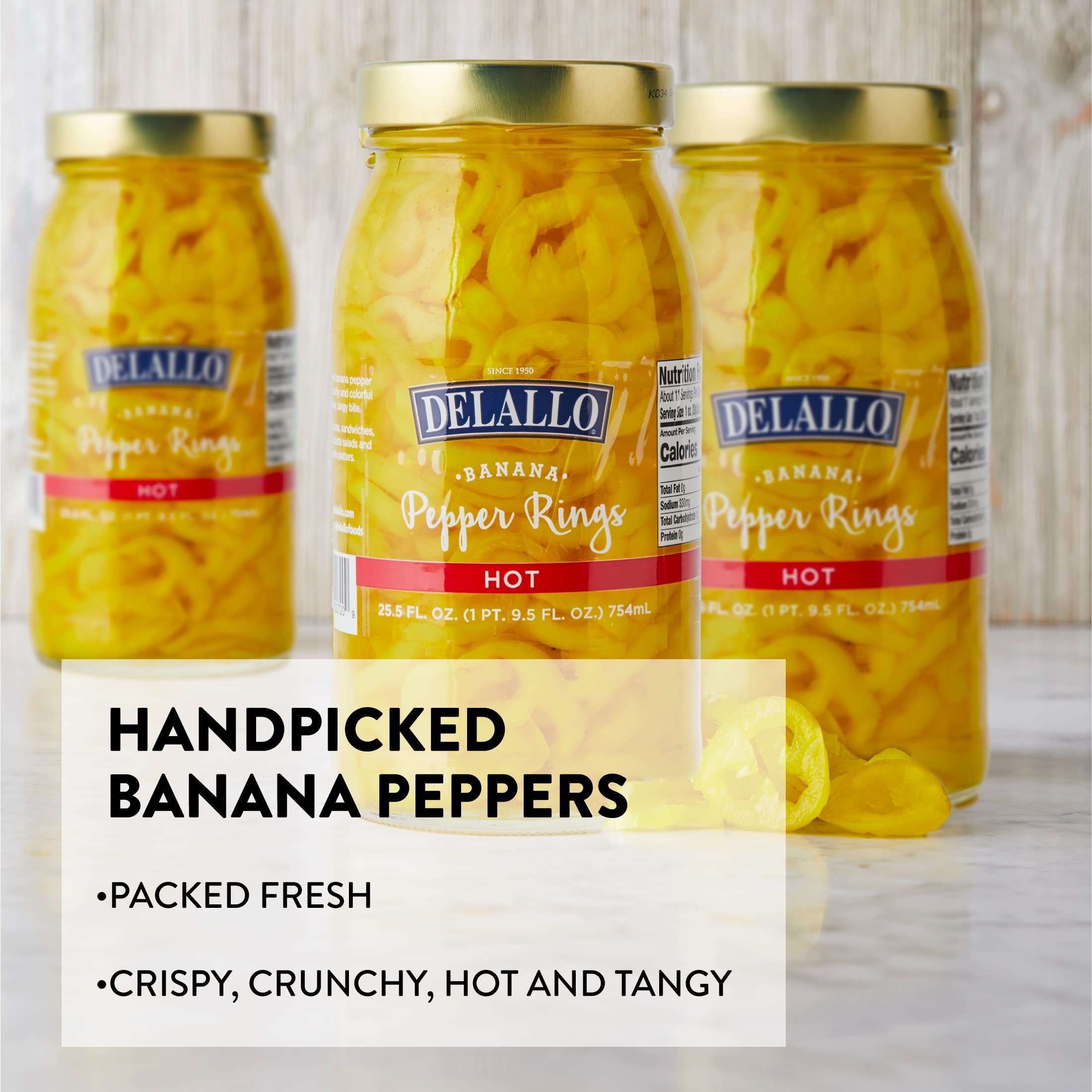 DeLallo Hot Banana Pepper Rings, 25.5 Oz (6-Pack) - Spicy Pickled Yellow Peppers for Salads, Sandwiches & Pizza Toppings - Non-GMO, Vegan, USA-Grown - Perfect for Burgers, Subs & Charcuterie Boards