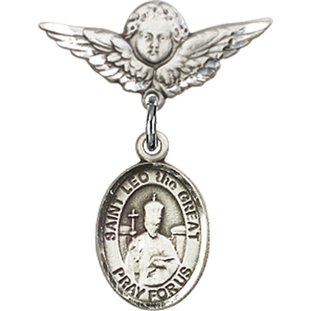 St. Leo The Great Sterling Silver Baby Badge with Angel Wing Charm - 7/8 x 3/4 Inch Religious Pin for Christening, Baptism & First Communion Gifts