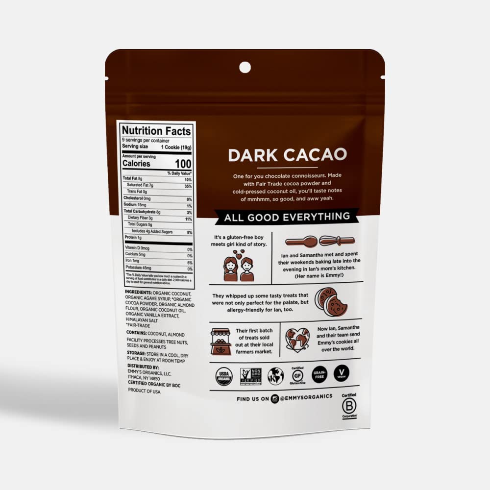 Emmy's Organics Dark Cacao Coconut Cookies - Gluten Free, Organic, Vegan, Paleo Friendly Snacks (8 Pack) | Healthy Dessert for Weight Loss, Keto Diet & On-the-Go Energy Boost