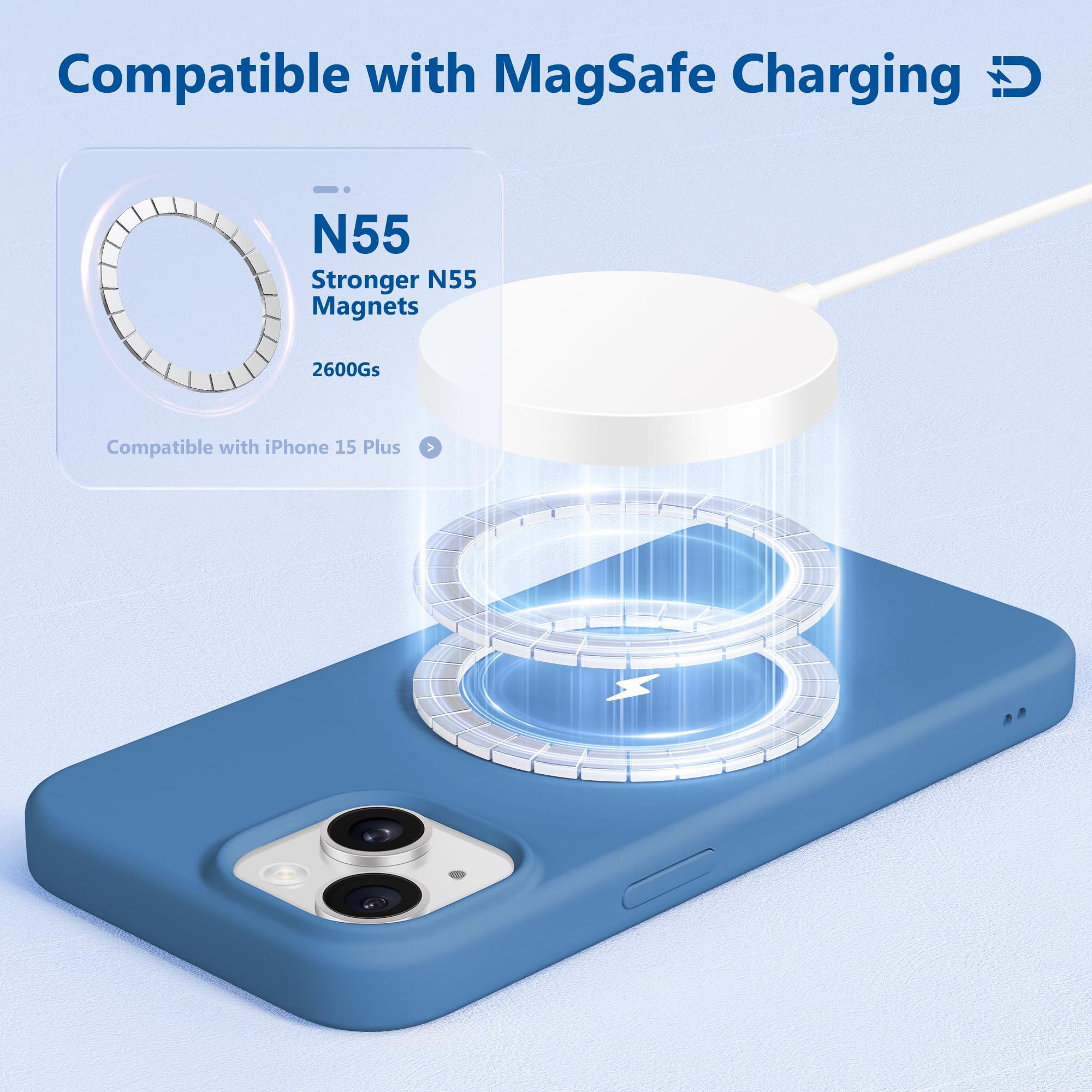Magnetic Silicone Case for iPhone 15 Plus - MagSafe Compatible with Camera Protector & Screen Protector | Shockproof Protective Phone Cover 6.7
