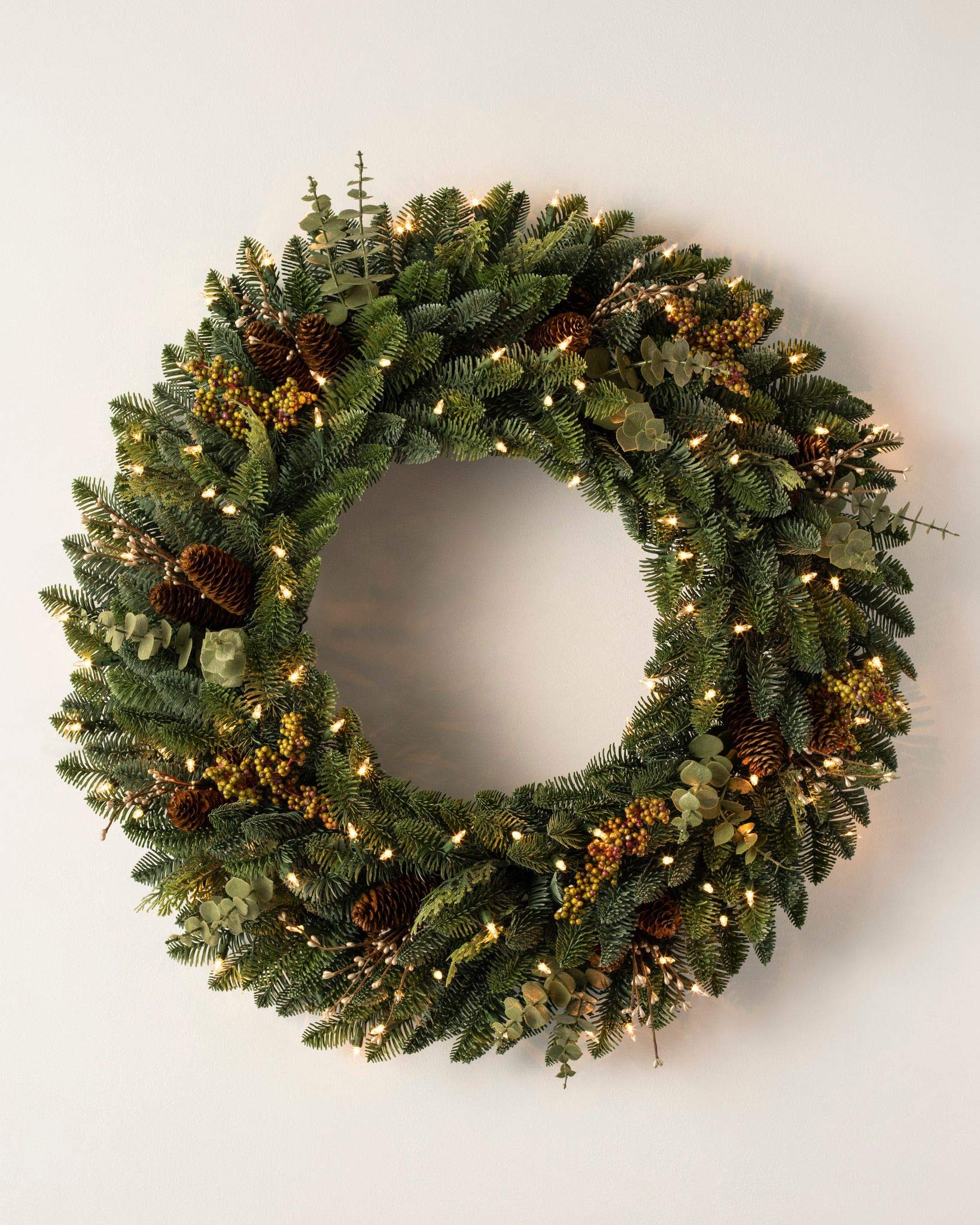 Balsam Hill 32 Inch Premium Prelit Mountain Meadow Artificial Christmas Wreath with Battery Operated Clear LED Lights - Perfect for Holiday Door Decor, Fireplace Mantel & Festive Home Decorations