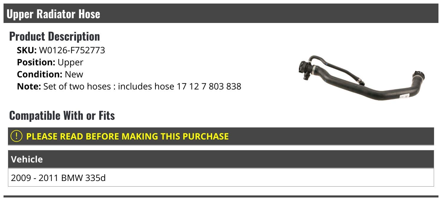 BMW 335d Upper Radiator Hose Replacement (2009-2011) - OEM Fit Cooling System Part for Engine Performance & Maintenance
