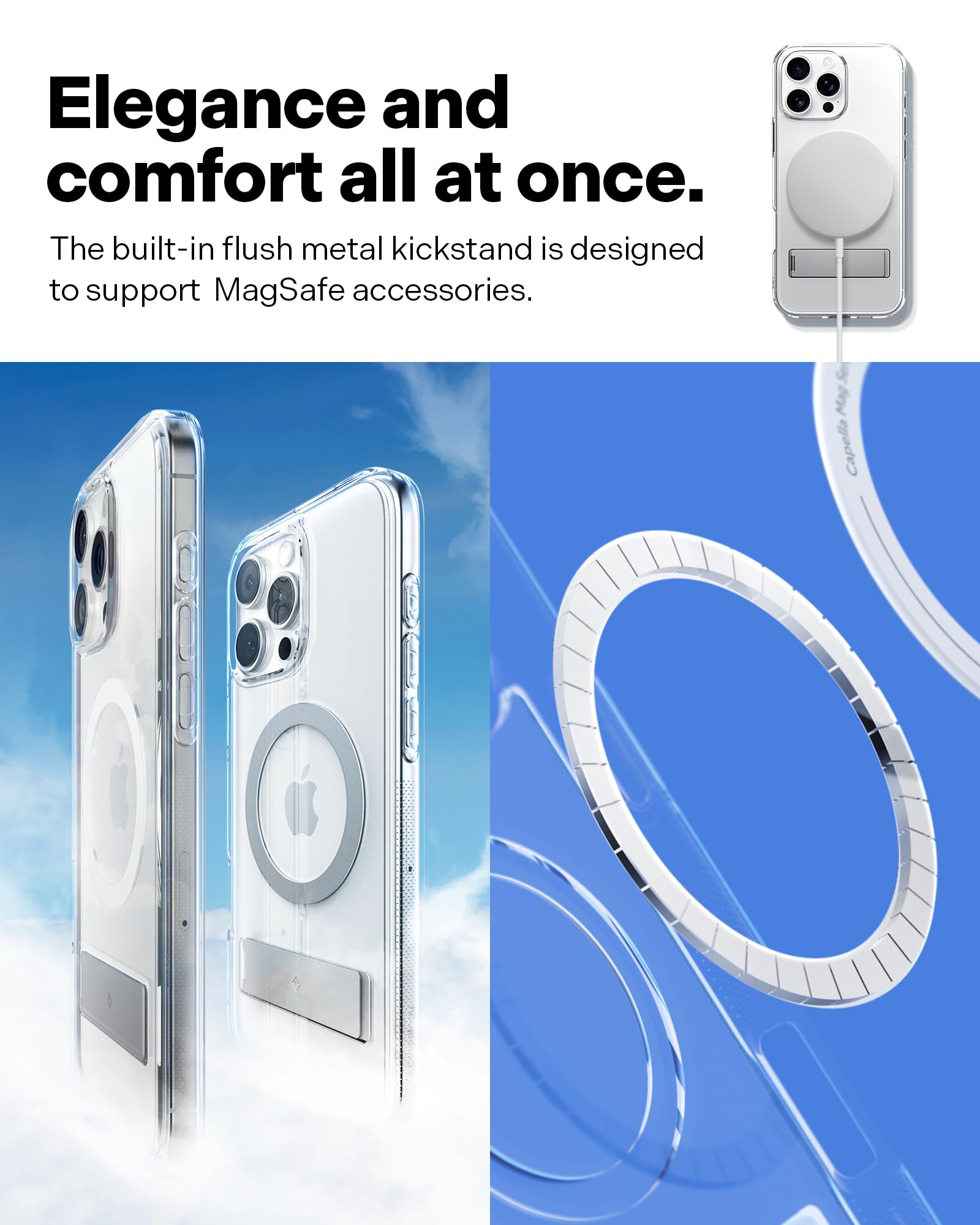 Caseology Capella Mag Kickstand iPhone 16 Pro Max Case - Ultra Clear Anti-Yellowing Magsafe Compatible | Military Grade Drop Protection | Perfect for Work, Travel & Outdoor Activities (Clear White Silver, 2024 Model)