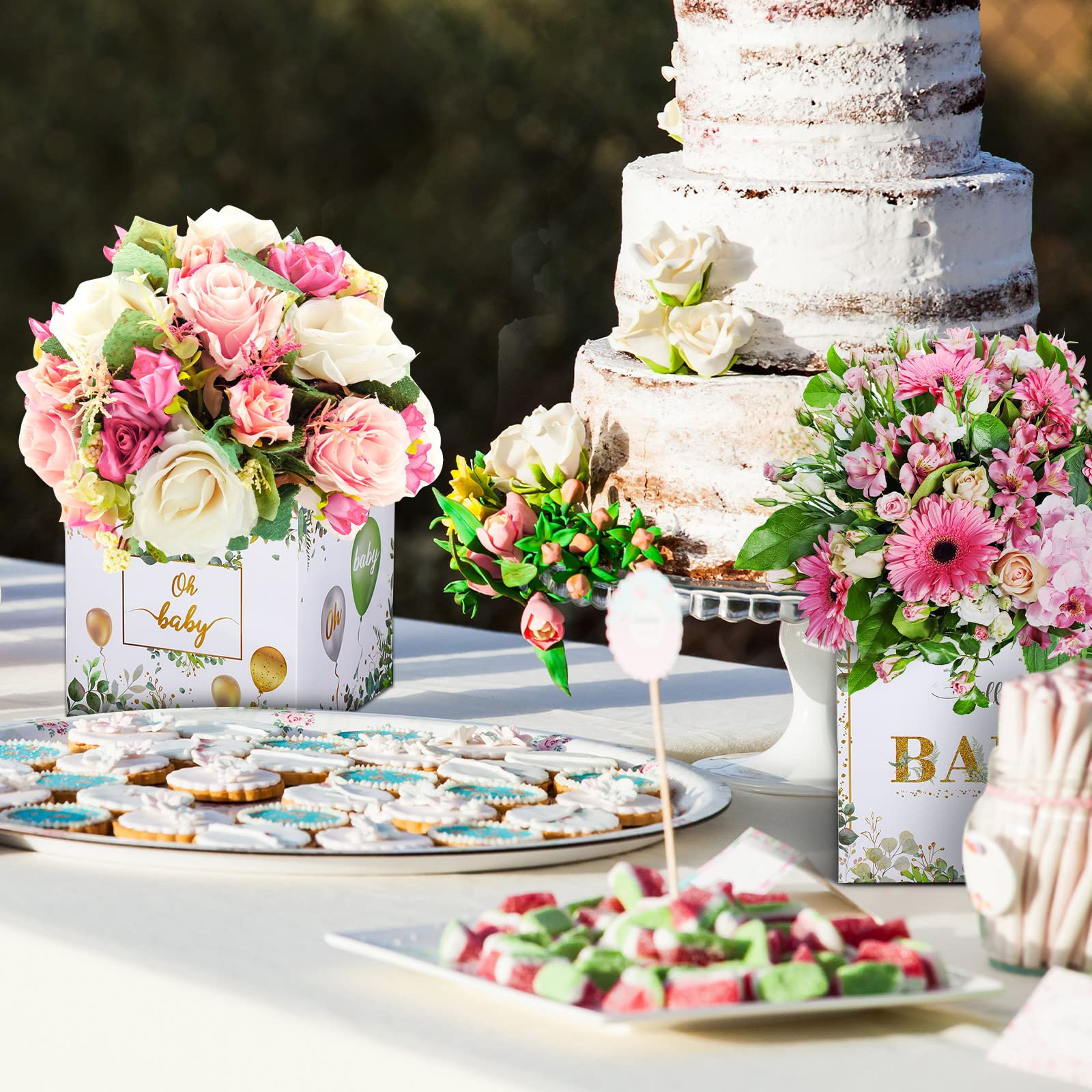 Floral Baby Shower Centerpieces - 6 Pcs Greenery Flower Boxes for Table Display, Gender Reveal Party Decorations (Girls/Boys/Birthday) - Perfect for Baby Showers, Bridal Showers & Wedding Decor