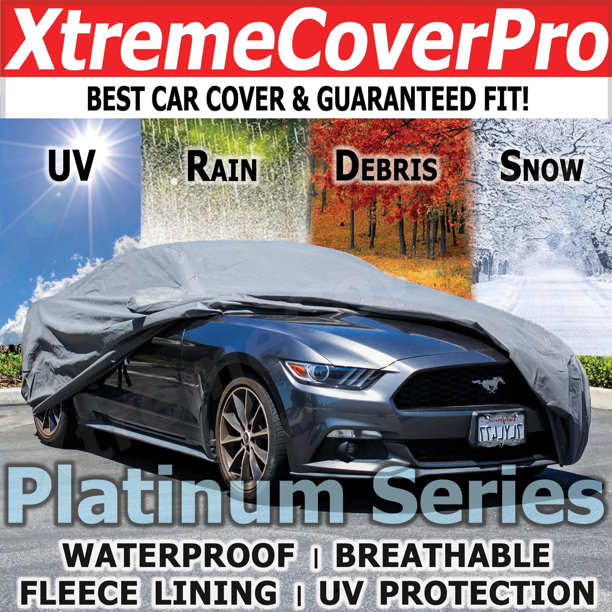 Custom Fit Car Cover for Ford Mustang 2015-2023 | XTREMECOVERPRO Platinum Series Grey Waterproof Dustproof UV Protection | Indoor/Outdoor Car Protection for Parking, Travel & Storage