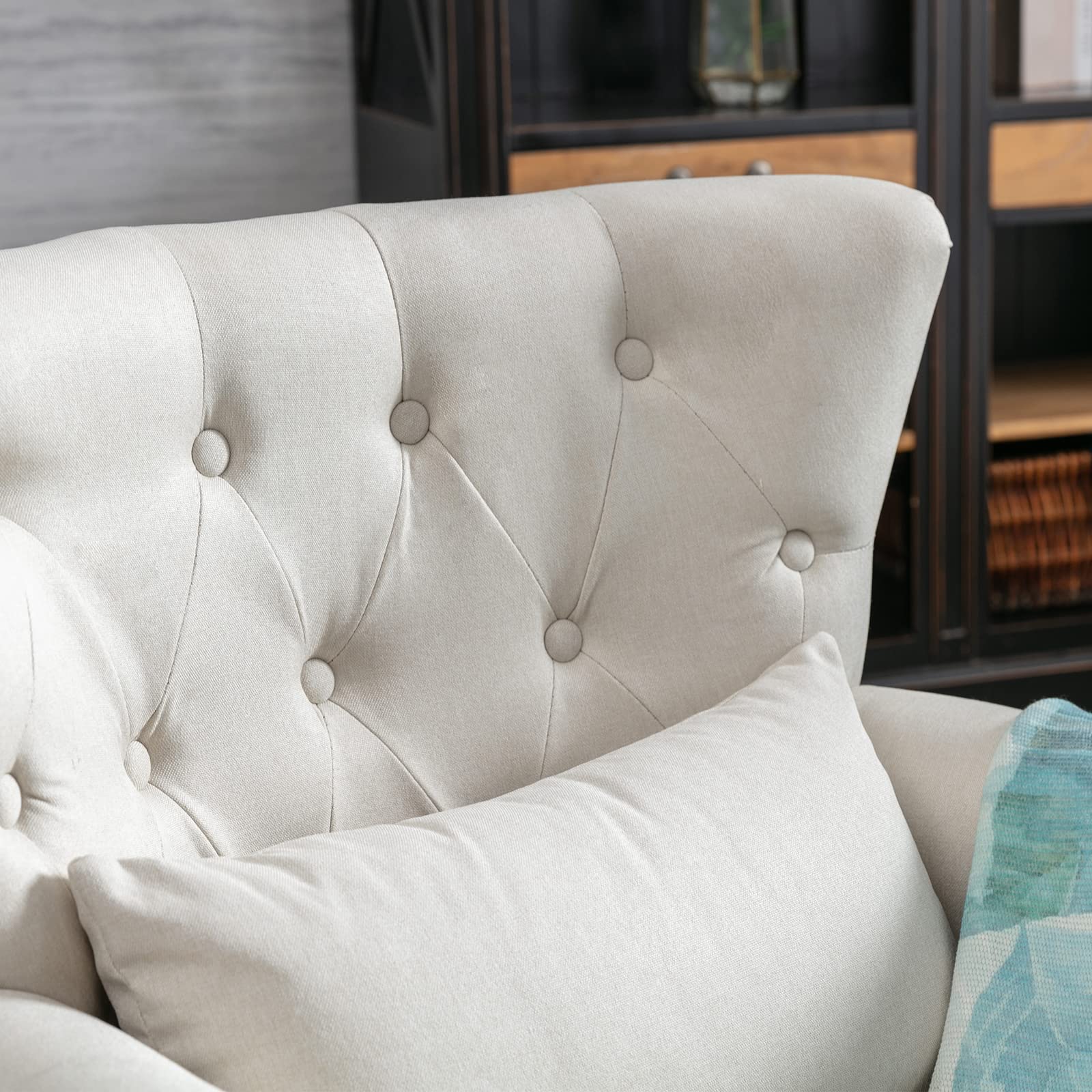Mid-Century Modern Accent Reading Armchair - Comfy Wingback Club Chair with Button Tufted Back & Lumbar Pillow for Living Room, Bedroom, Office | Linen Beige Sofa Chair | Perfect for Reading Nooks, Cozy Corners & Waiting Areas