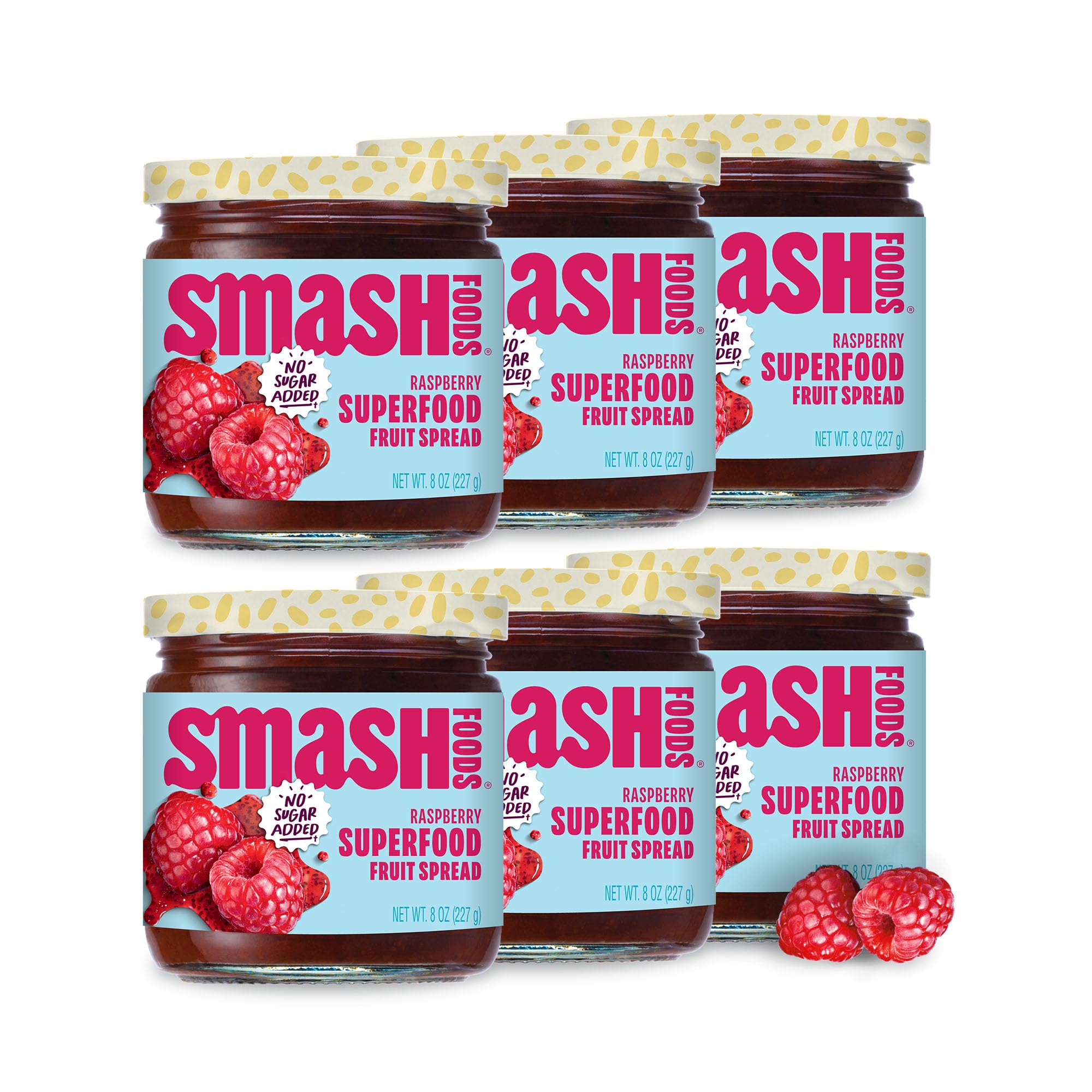 Smash Foods Raspberry Jam - Low-Calorie, No Sugar Added Keto Jam with Upcycled Fruit & Chia Seeds | Vegan, Paleo Superfood Fruit Spread (6 Jars) - Perfect for Breakfast Toast, Yogurt Topping & Healthy Snacking