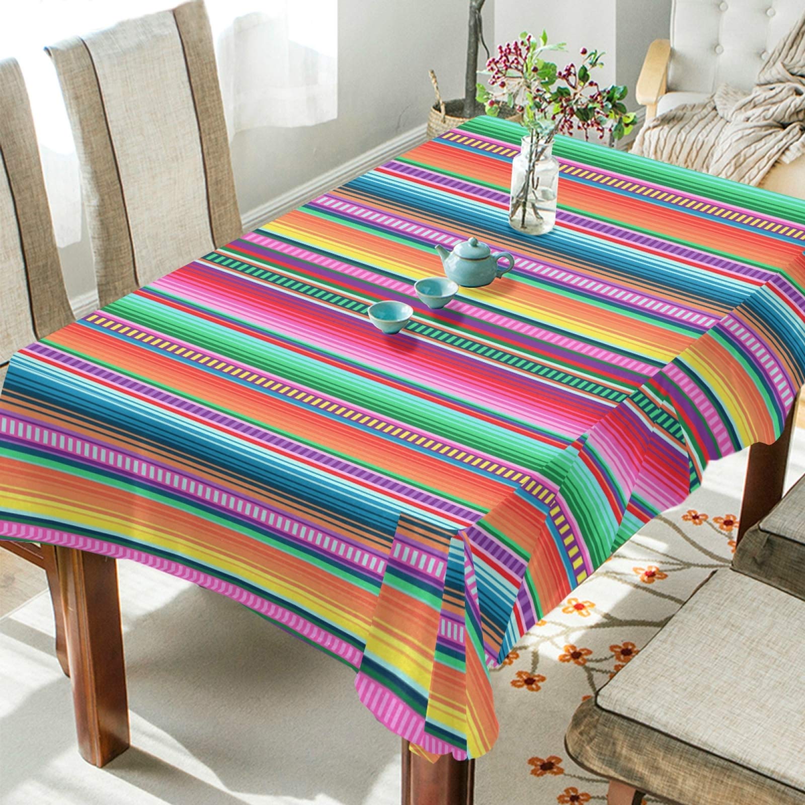 Mexican Stripes Cinco De Mayo Party Tablecloth - 60 Inch Traditional Textured Polyester Table Cover for Dining, Kitchen, and Holiday Decorations | Perfect for Dinner Parties, Festive Celebrations, and Home Decor