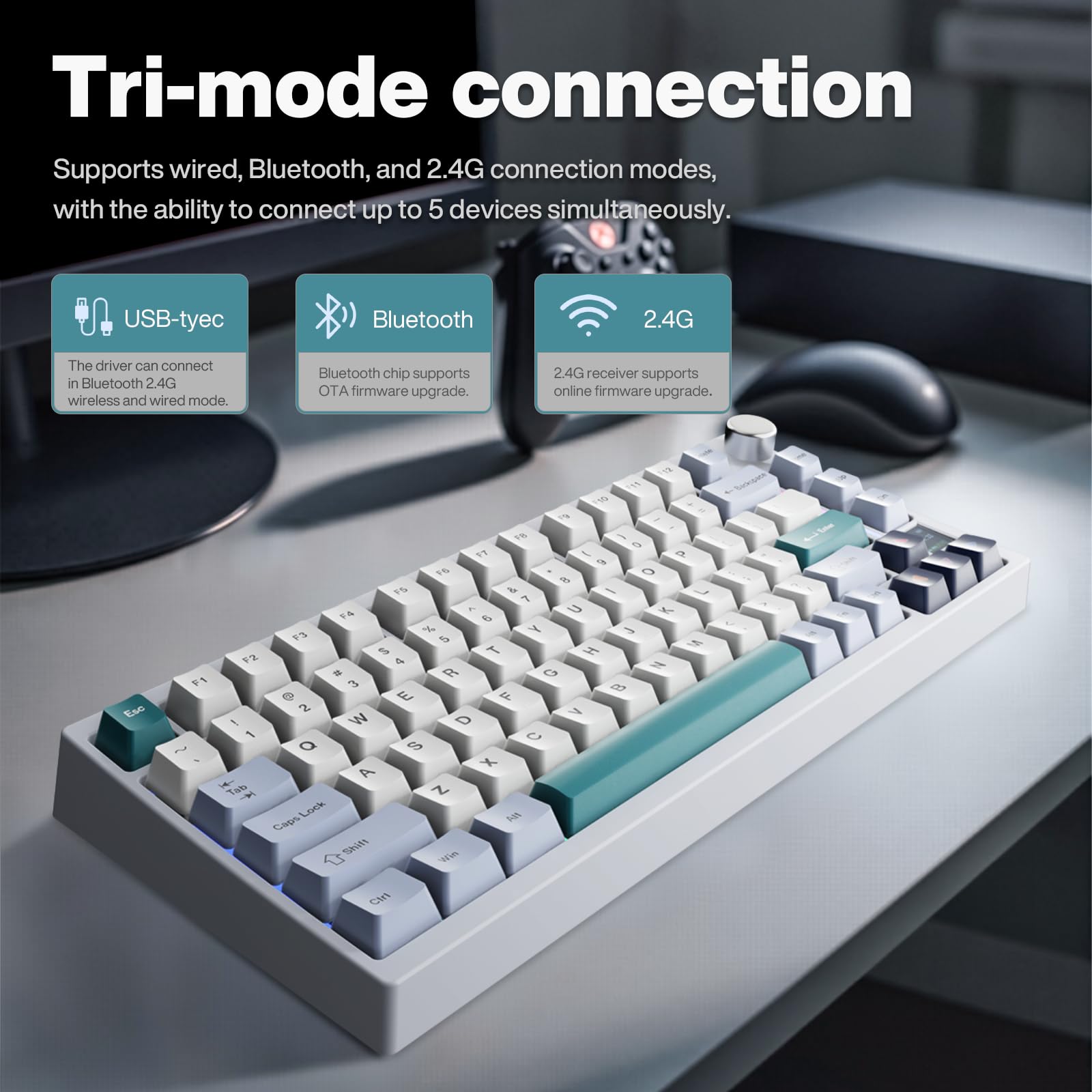 GK GAMAKAY TK75 V2 75% Compact Silent Mechanical Keyboard with TFT Screen - Hot Swappable RGB Backlit, Bluetooth 5.0/2.4GHz Wireless & USB-C Wired - PBT Cherry Profile Keycaps for Gaming, Office & Typing (Pegasus Switch) - Perfect for Esports, Programming & Home Workspace Setup