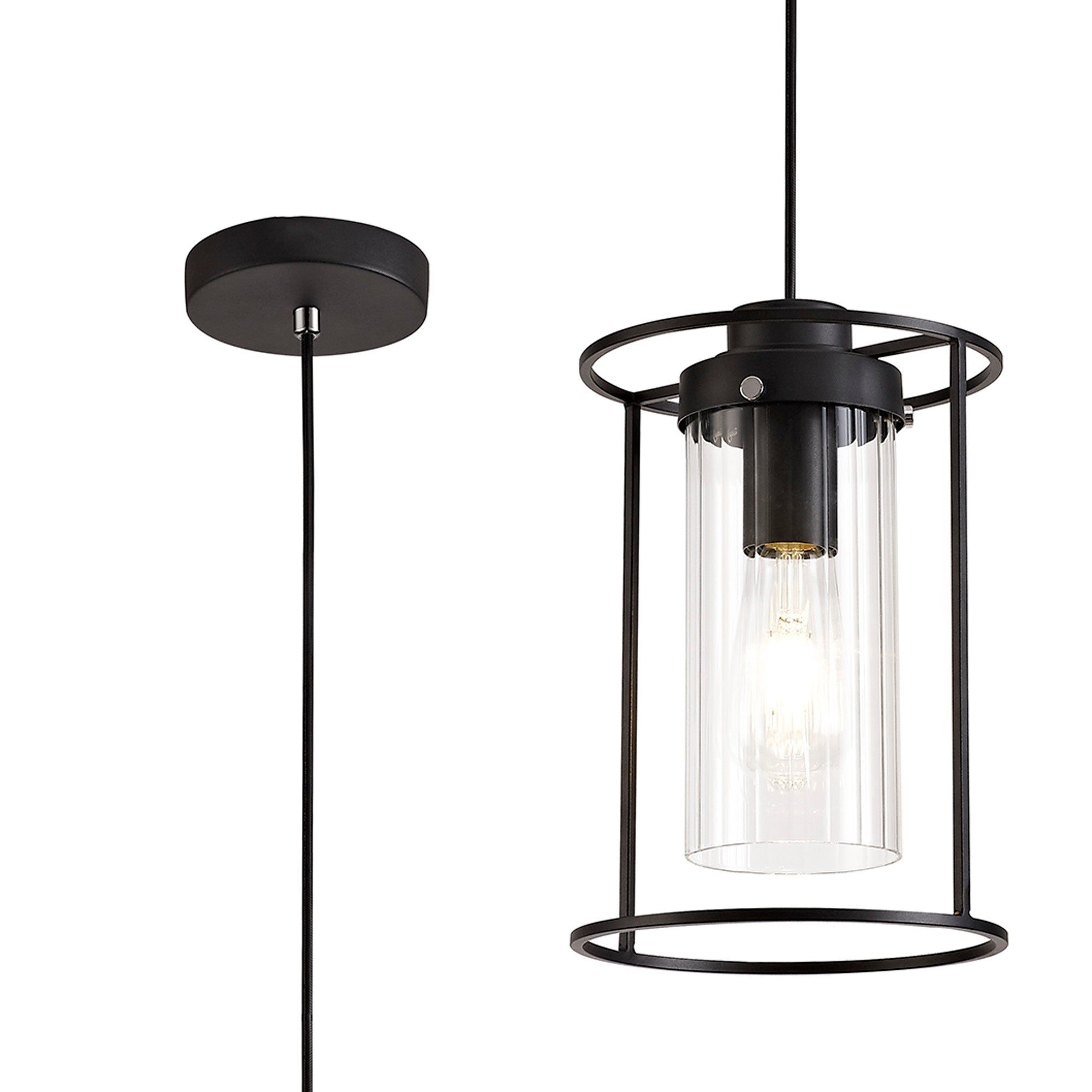 Beres Single Pendant Light Fixture - E27 Socket, Black & Clear Glass Shade - Perfect for Kitchen Island, Dining Room or Bedroom Lighting