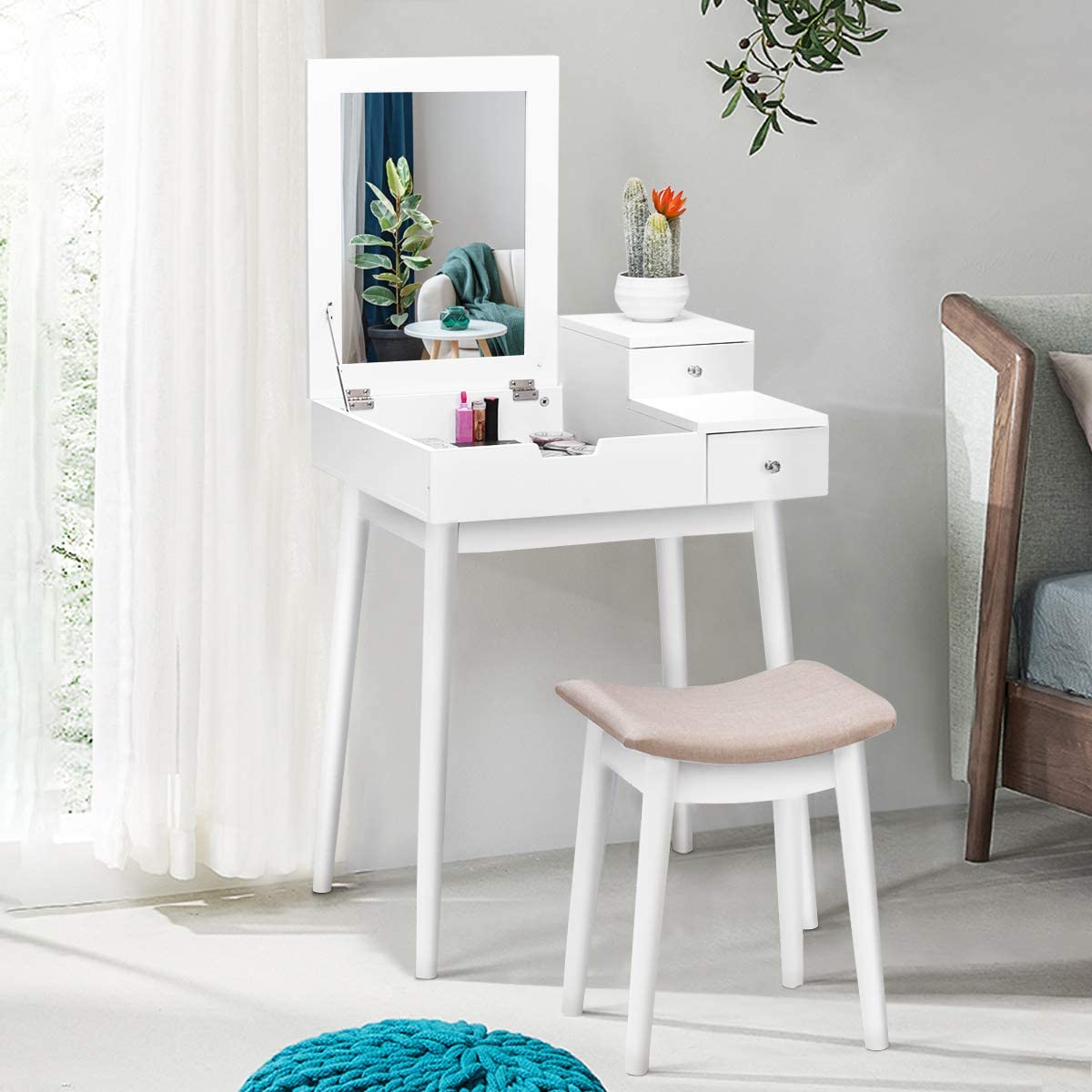 MAT EXPERT Vanity Set with Mirror & Stool - White Dressing Table with Folding Flip Mirror, 2 Drawers Makeup Dresser Desk - Perfect for Bedroom, Dressing Room & Beauty Salon (Includes Extra Cushioned Stool)