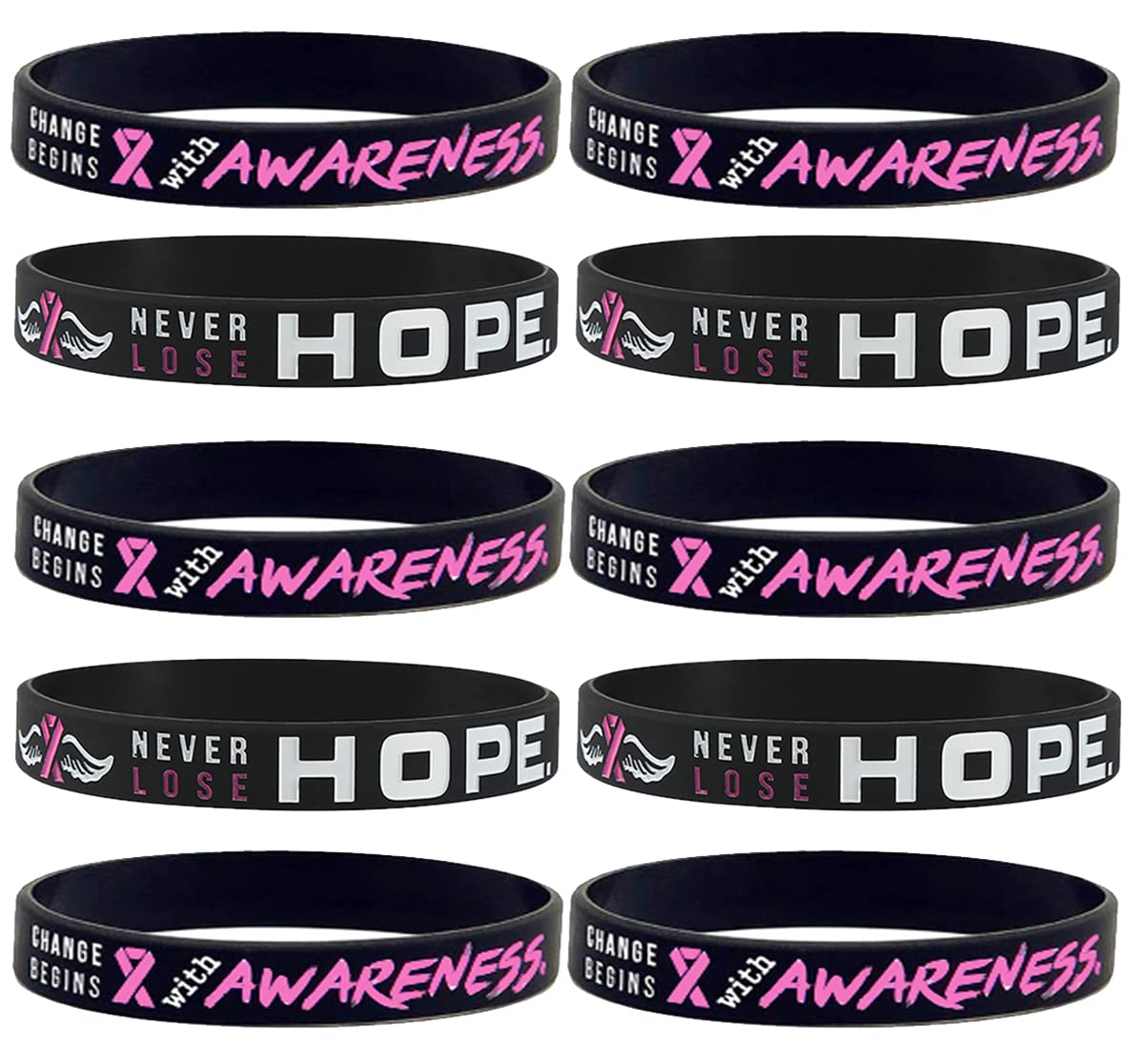 **Pink Ribbon Breast Cancer Awareness Bracelets for Women & Men - 10 Pack - Inspirational Support Gift for Survivors, Fundraisers & Awareness Events**