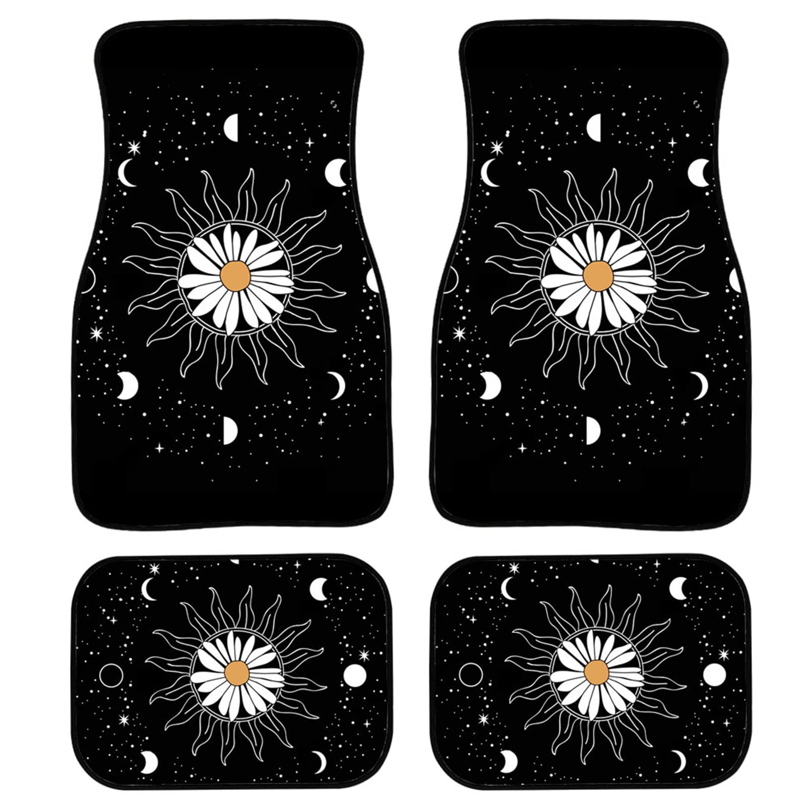 BYCHECAR Black Rubber Car Floor Mats for Women - Daisy Print All Weather Floor Mats for Cars, Trucks, Vans & SUVs - Non-Slip Automotive Accessories for Front & Rear Seats - Perfect for Daily Commute, Road Trips & Outdoor Adventures