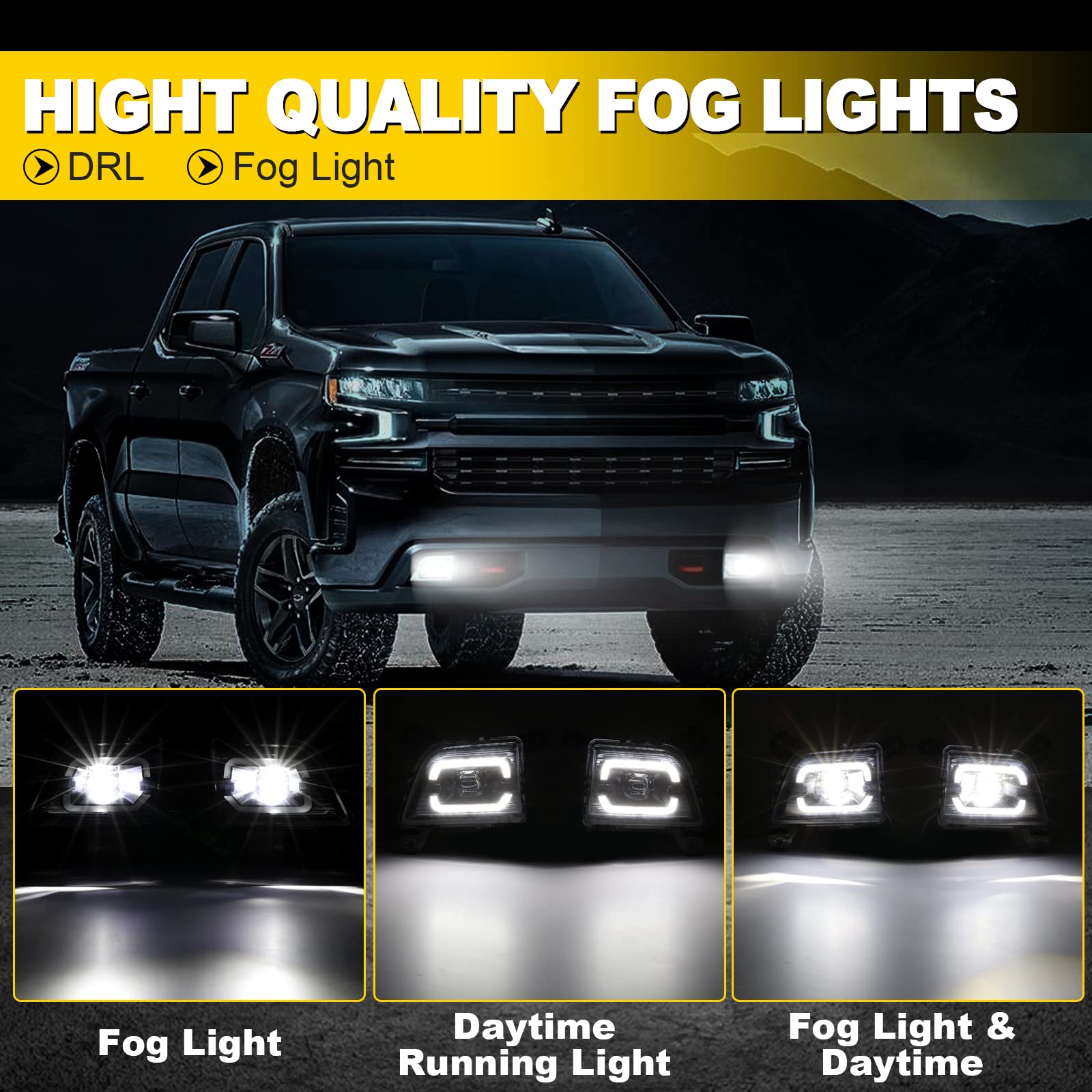 AUXMART LED Fog Lights with DRL Daytime Running Lights - Compatible with Chevrolet Silverado 1500 2019-2023 Models (1 Pair) - Durable Front Bumper Lights for Enhanced Night Driving & Off-Road Safety