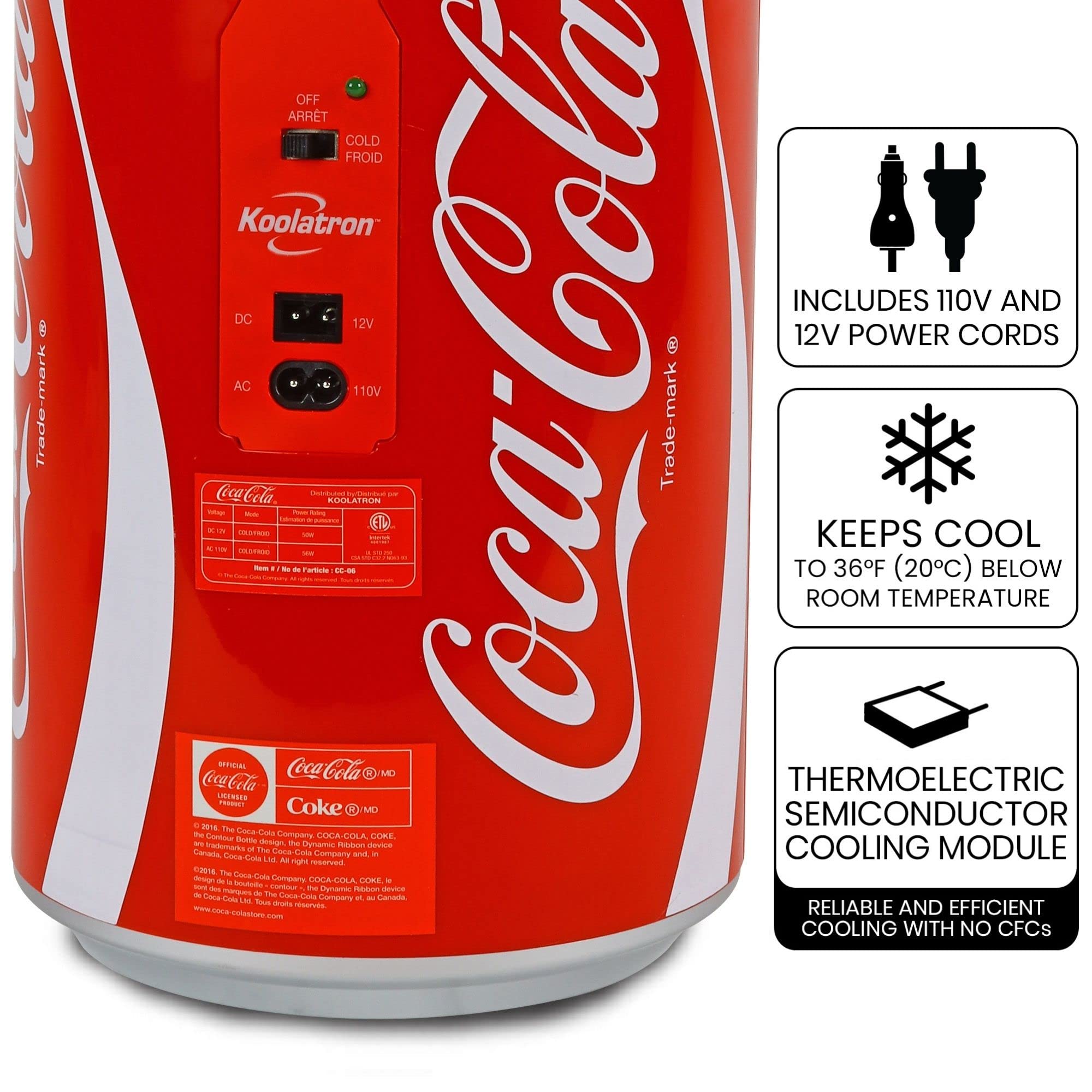 Portable Mini Fridge for Drinks & Snacks - 8 Can Coca-Cola Cooler with 12V DC/110V AC Power, 5.4L (5.7 qt) Compact Beverage Refrigerator - Perfect for Travel, Office, Dorm, RV & Home Use - Red Retro Can Design