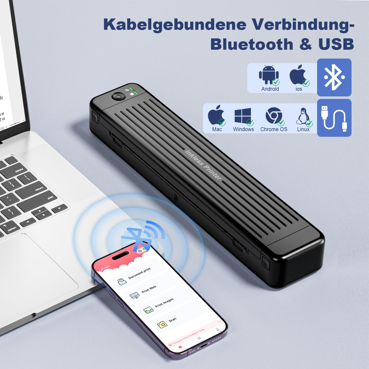 PhoFuta Portable Bluetooth Thermal Printer 300 DPI - Mini Wireless Printer for iPhone & Android, Compatible with 5.8-8.5