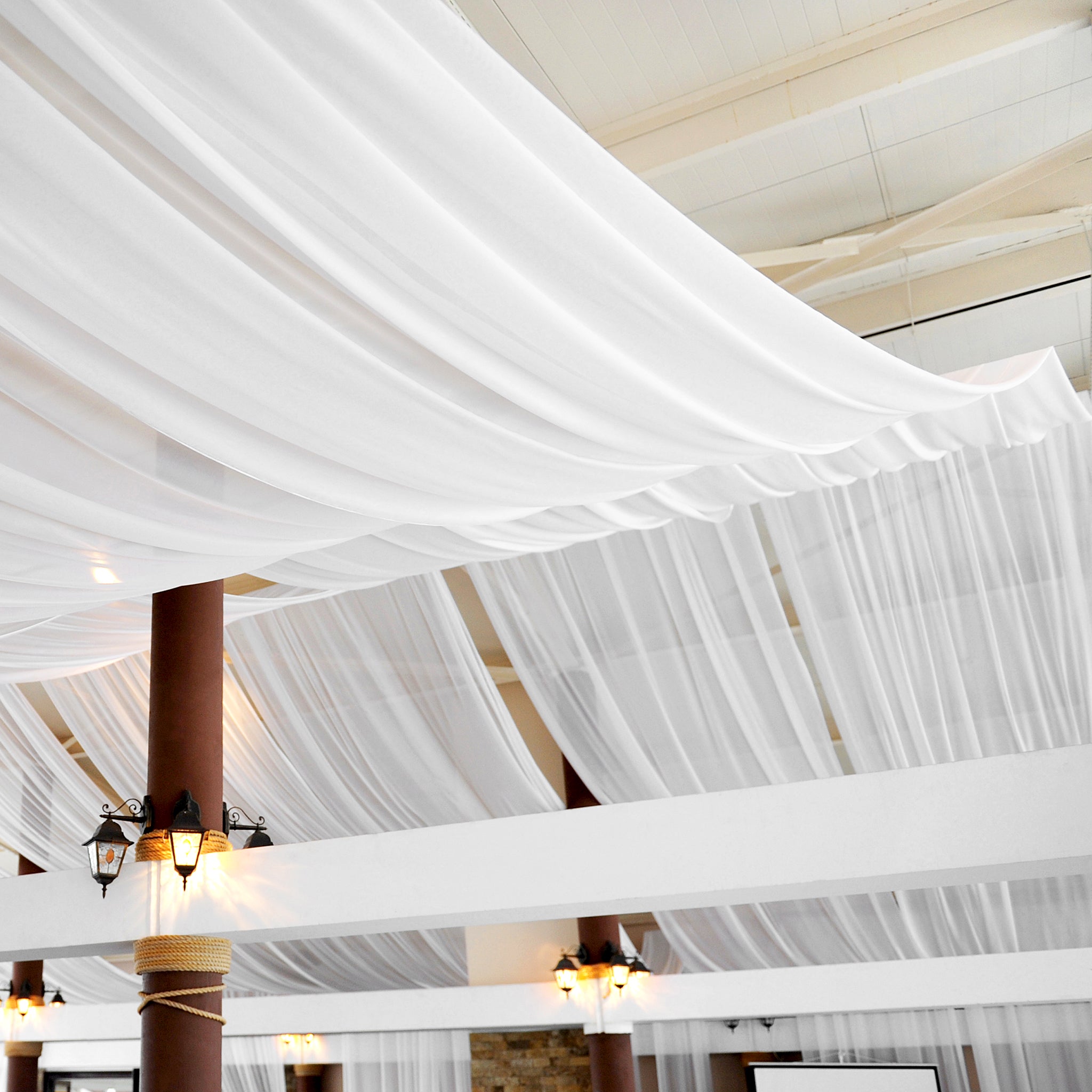30ft Flame Retardant (FR) White Voile Sheer Curtain Draping Fabric - Perfect for Wedding Backdrops, Stage Decorations & Ceiling Drapes