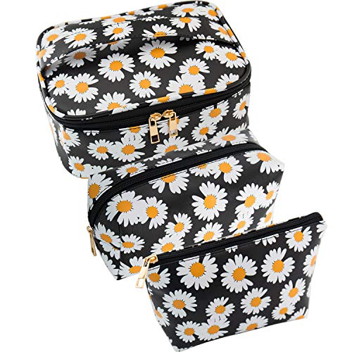 3 Pack Daisy Print Waterproof Makeup Bag - Travel Toiletry Organizer for Cosmetics & Brushes - Portable Cosmetic Pouch for Women, Girls & Men - Perfect for Travel, Gym, Beach & Daily Use