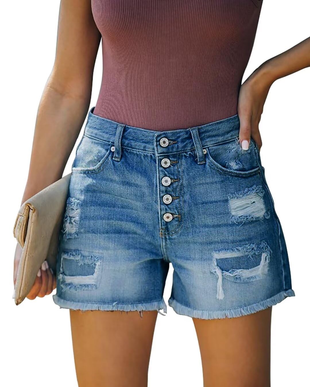 ZOLUCKY Women's Stretchy Ripped Denim Shorts - Mid Waist Casual Jean Shorts with Pockets for Summer | Perfect for Beach, Travel & Everyday Wear