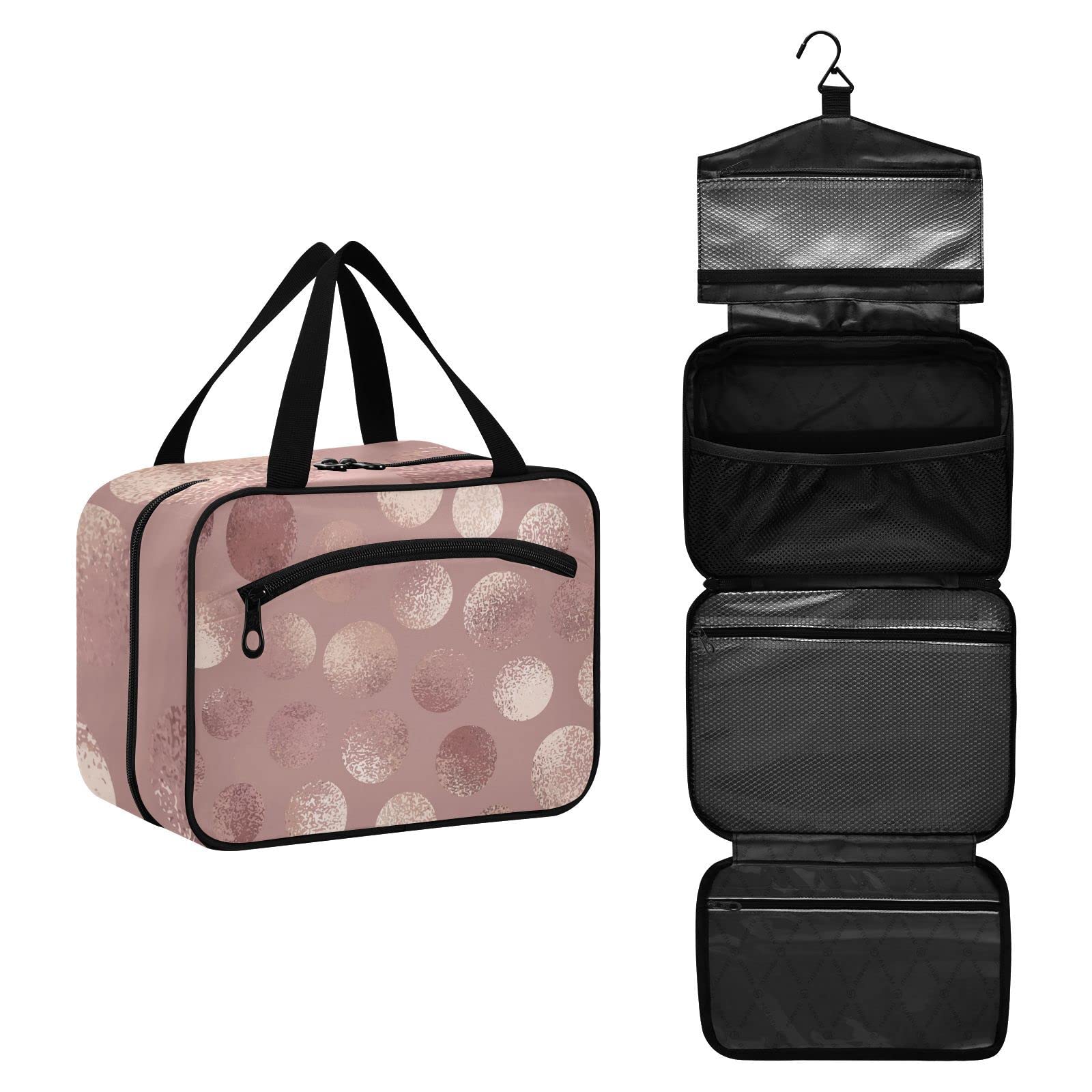 Rose Gold Polka Dots Travel Toiletry Bag - Large Cosmetic Organizer with Hanging Hook for Women | Perfect for Travel & Gym