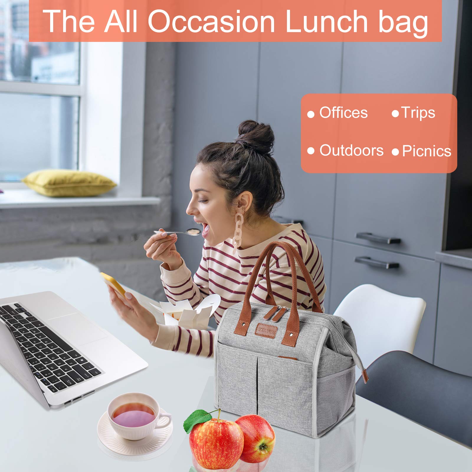 Insulated Lunch Box Cooler Tote Bag for Women & Men - Leakproof Reusable Lunch Bag for Work, Office, Travel & Picnic - Grey Water Resistant Lunch Tote for Adults (Perfect for Meal Prep & Outdoor Activities)