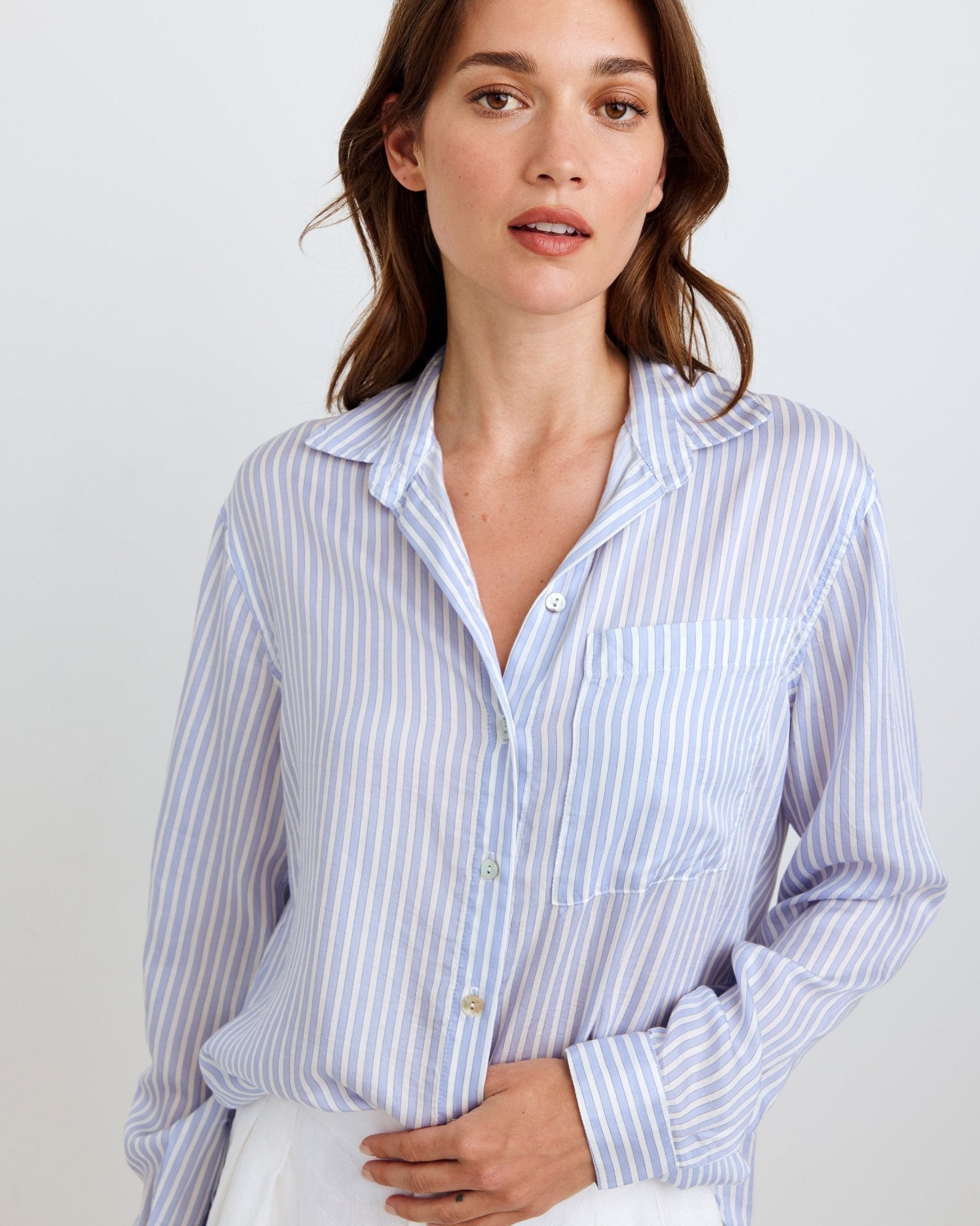 Oversized Split Back Button Down Shirt - Provence Peri Stripe | Women's Fashion Linen Top for Casual Wear & Summer Outfits