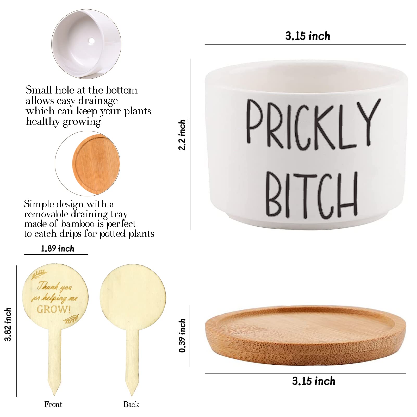 3.15 Inch Ceramic Succulent Pots with Drainage Holes & Saucers - Pack of 3 Small Plant Pots with Funny Plant Labels - Unique Gardening Gifts for Women Birthday, Mother's Day, Housewarming - Perfect for Indoor Plants, Office Desk Decor, and Home Gardening